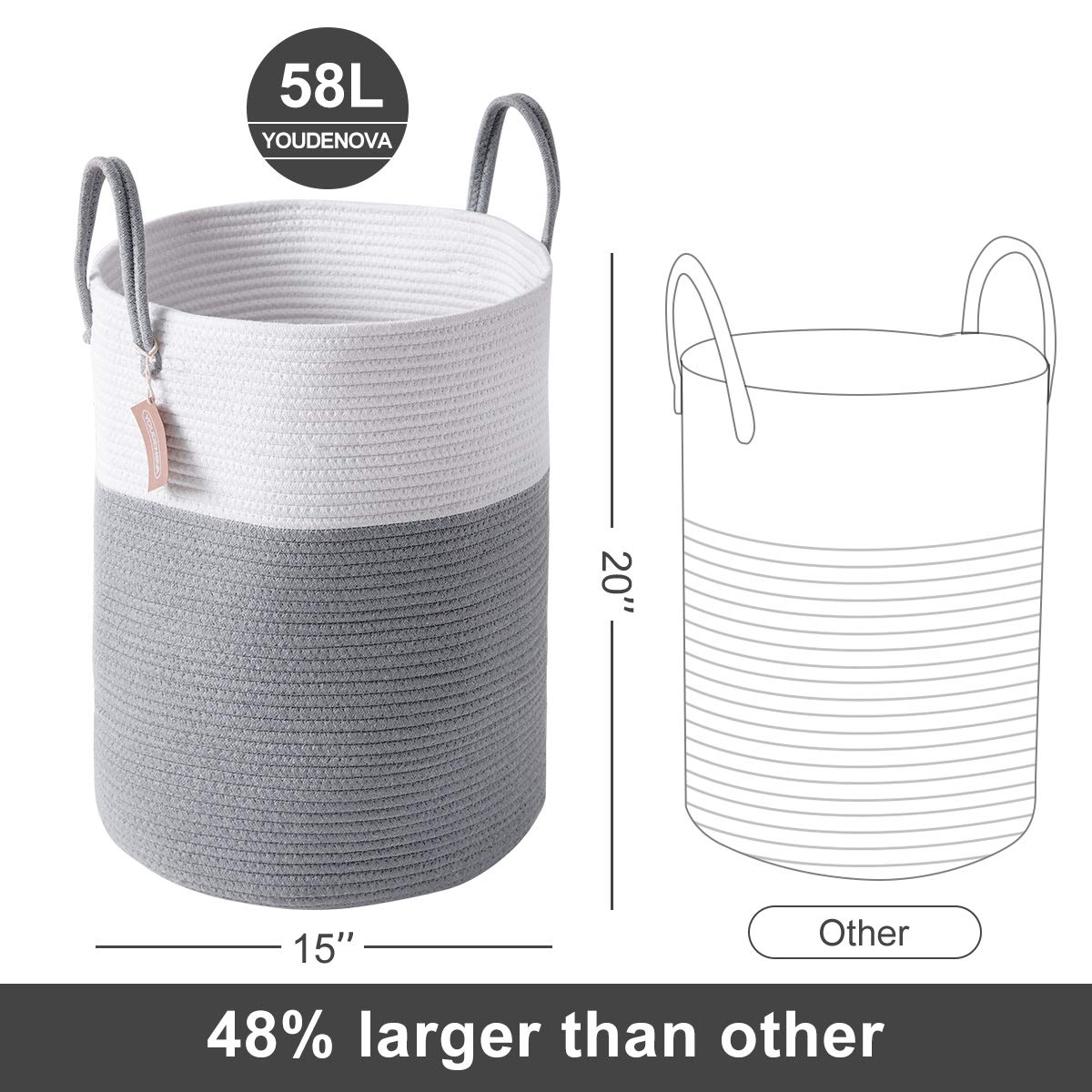 cotton Rope Laundry Hamper by YOUDENOVA  58L - Woven collapsible Laundry Basket - clothes Storage Basket for Blankets  Laundry Room Organizing  Bedroom Storage  clothes Hamper - grey & White