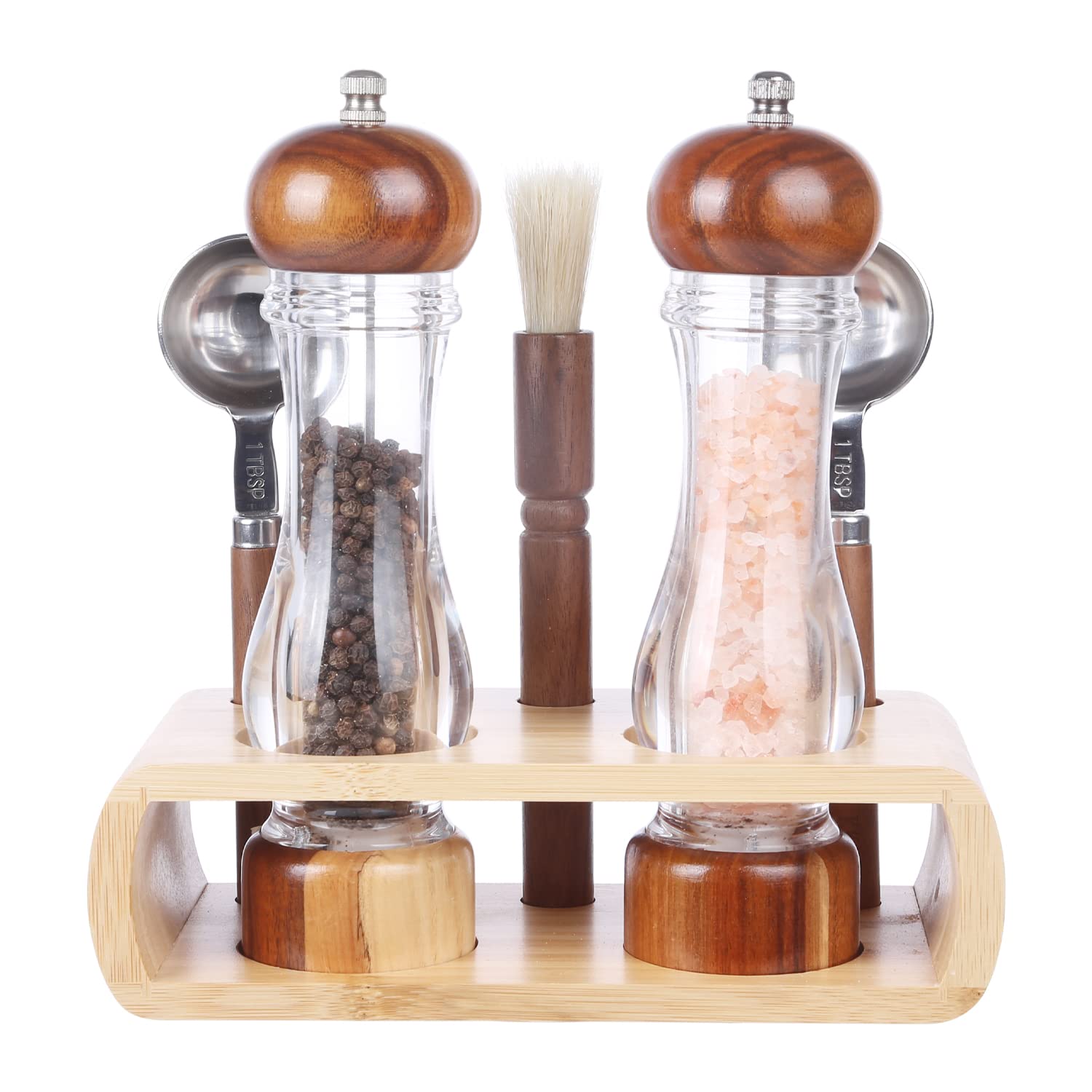 Kkc Home Accents Wooden Salt And Pepper Grinder Set With Spoons And Brush,Salt And Pepper Mill Set,8 Inch,Refillable Adjustable