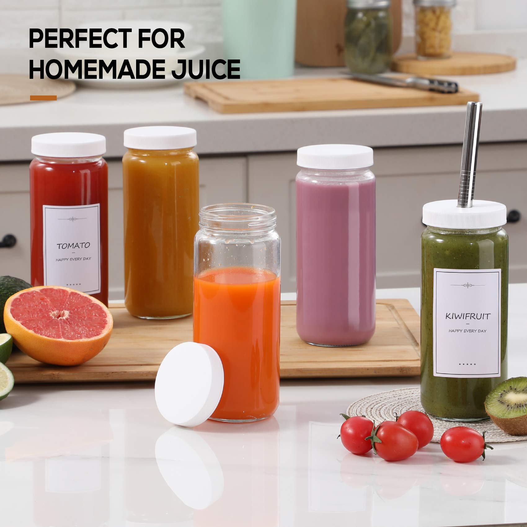 [ 8 Pack ] Glass Juicing Bottles With 2 Straws & 2 Lids W Hole- 16 Oz Travel Drinking Jars, Water Cups With White Airtight Lids,