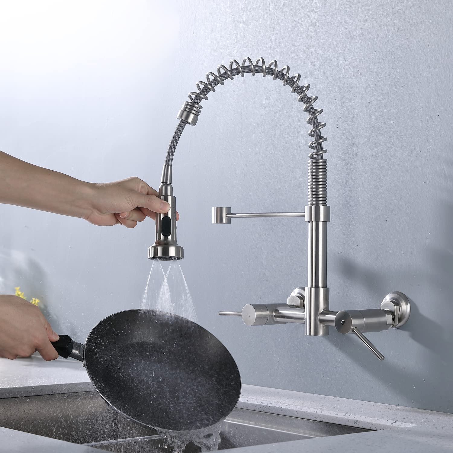 Fonveth 8 Inch Center Wall Mount Kitchen Faucet, Matt Black, Pull Down Sprayer, Commercial Style, 1.8 Gallons Per Minute