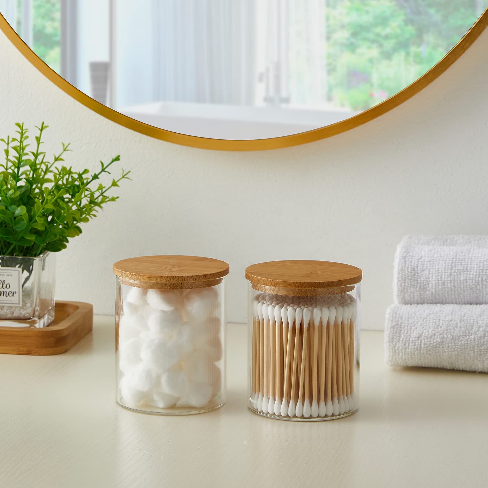 Iniunik Glass Qtip Holder Dispenser With Bamboo Lid - 2 Pack Apothecary Jars - Cotton Balls Pads Swabs Holder Jar - Bathroom Van