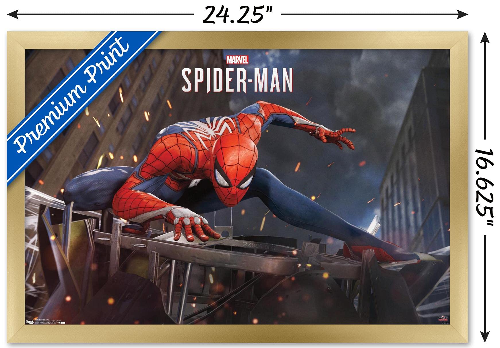 Trends International Spider-Man Action Wall Poster, 14.7" x 22.4", Gold Framed Version, Model FR17150GLD14X22
