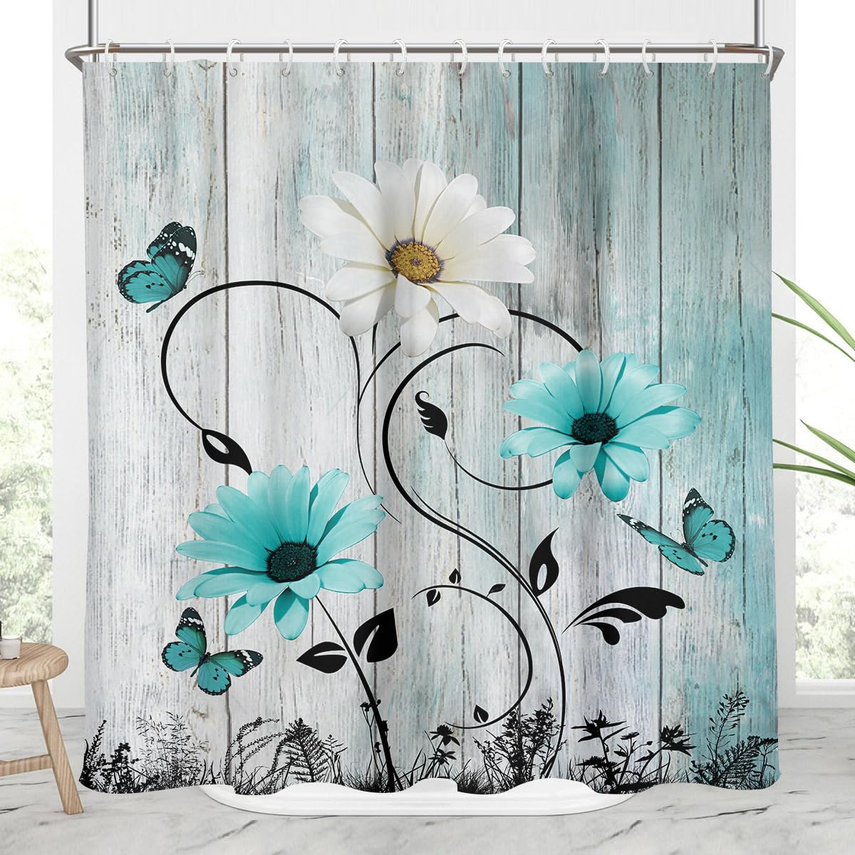 Aatter Teal Floral Shower Curtain Turquoise Aqua Flowers Rustic Country Farmhouse White Grey Gray Black Spring Butterfly Daisy A