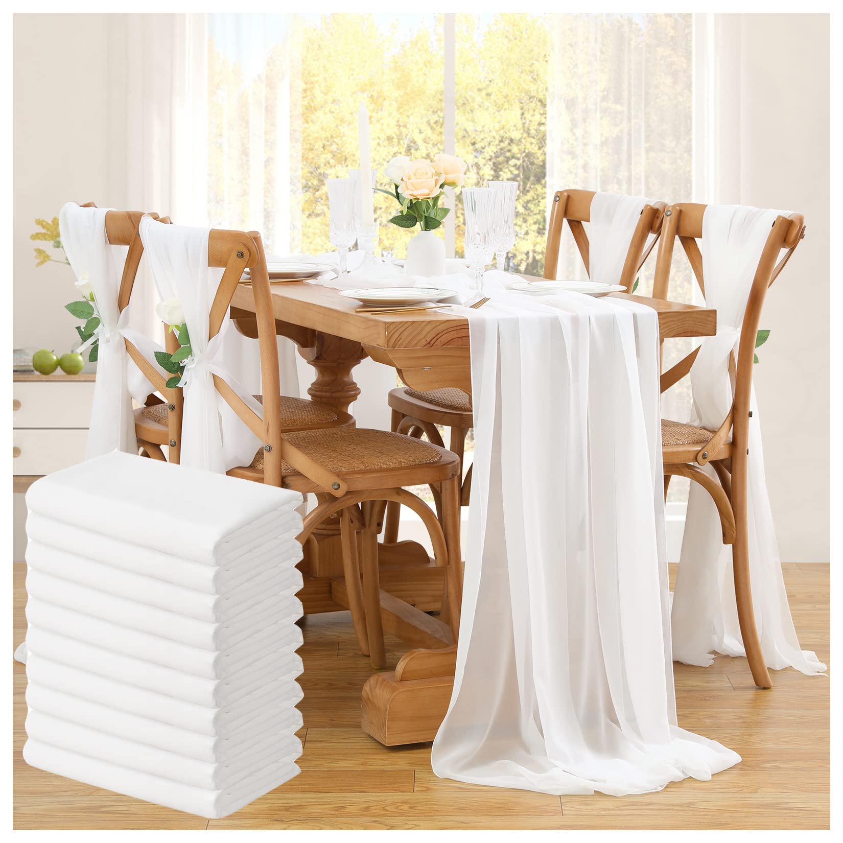 White Table Runner 10 Packs 14x120 Inches Wedding Chiffon Fabric Table Runners for Spring Wedding Ceremony Decoration Valance Ta
