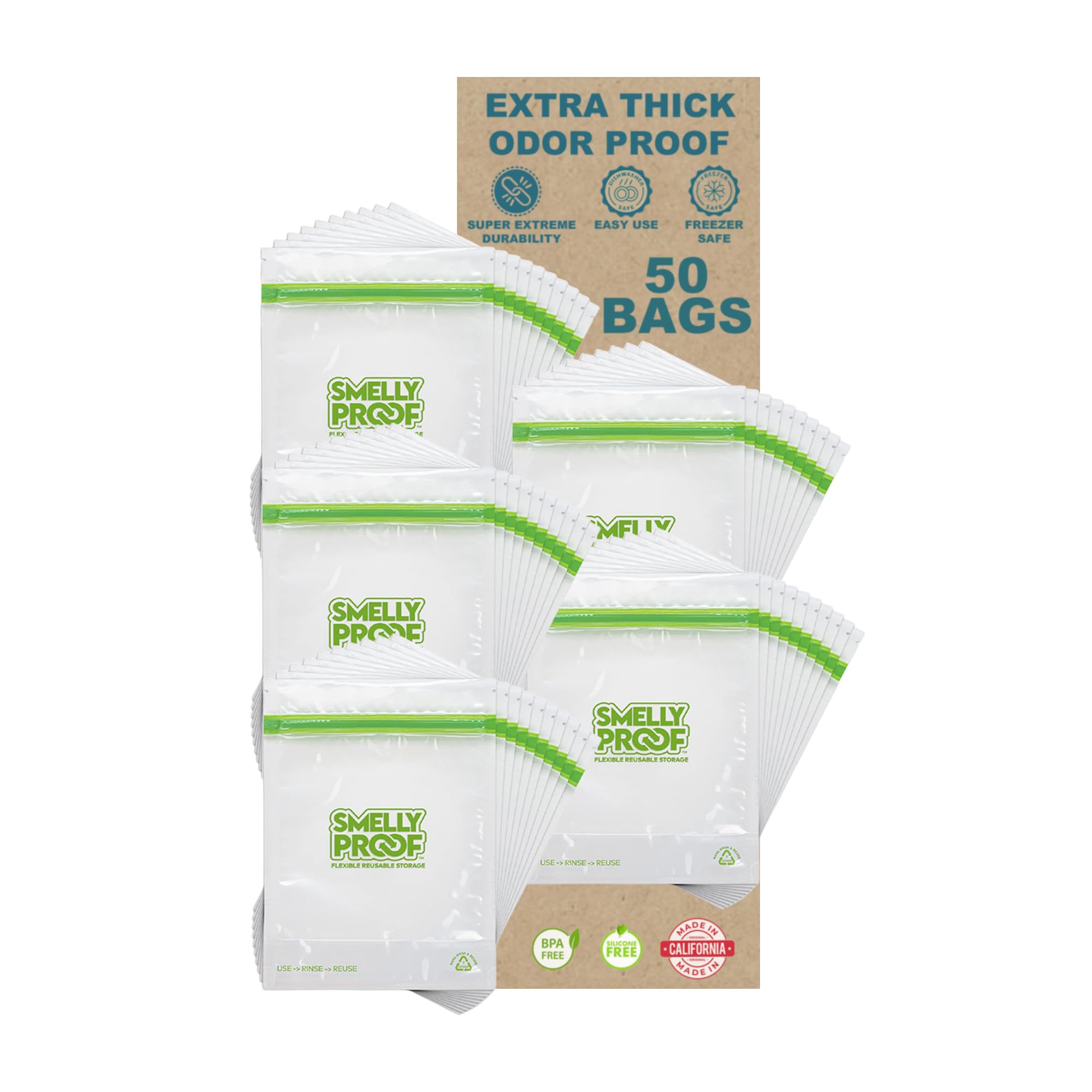 Smelly Proof 50Pk Reusable Stand & Fill Food Storage Bags - Bpa-Free, Clear 3 Mils Stand Up 6.5 X 7.5 - 50 Pcs