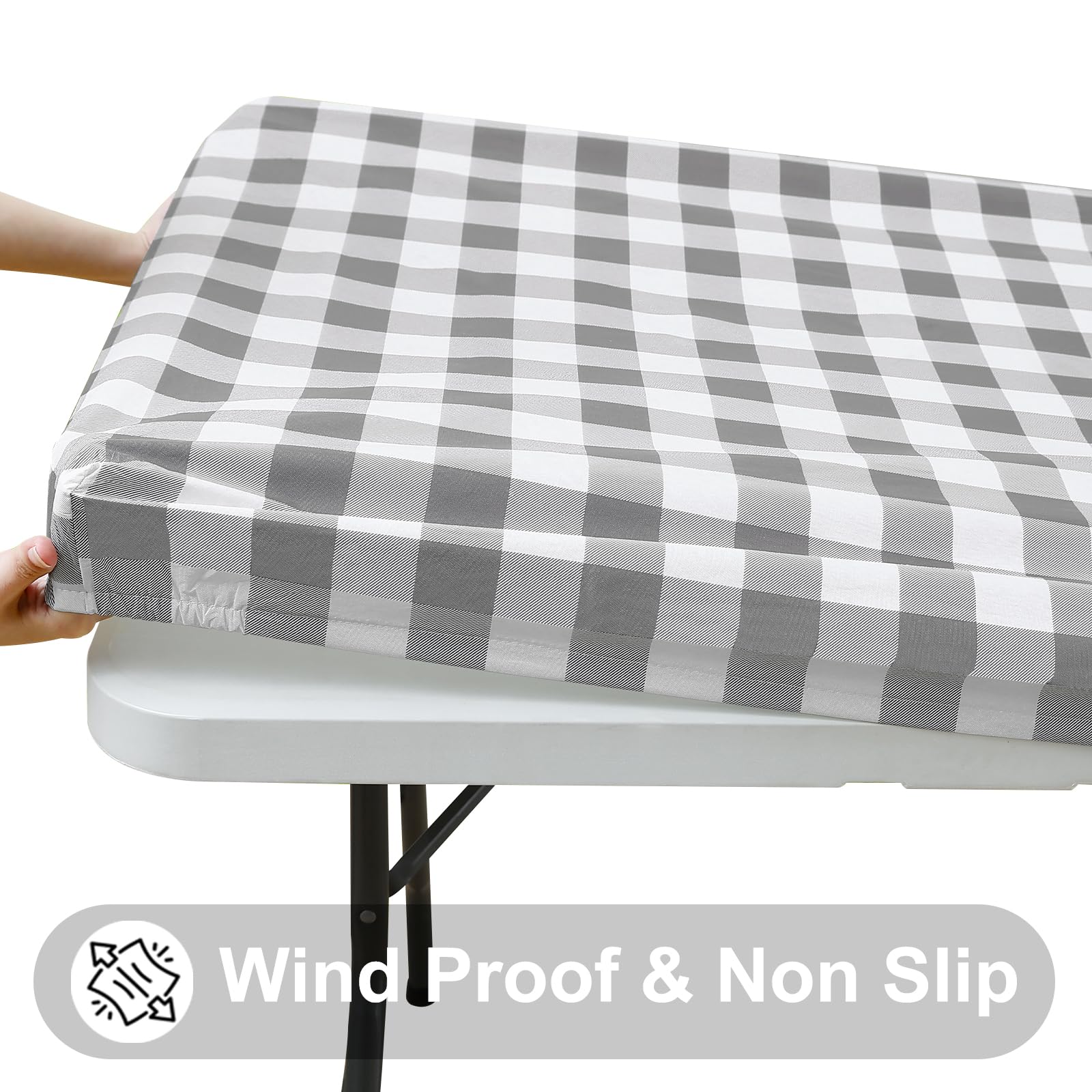 Smiry Rectangle Picnic Table Cloth, Elastic Waterproof Fitted Vinyl Tablecloth For 6 Ft Tables, Flannel Backed Buffalo Plaid Tab