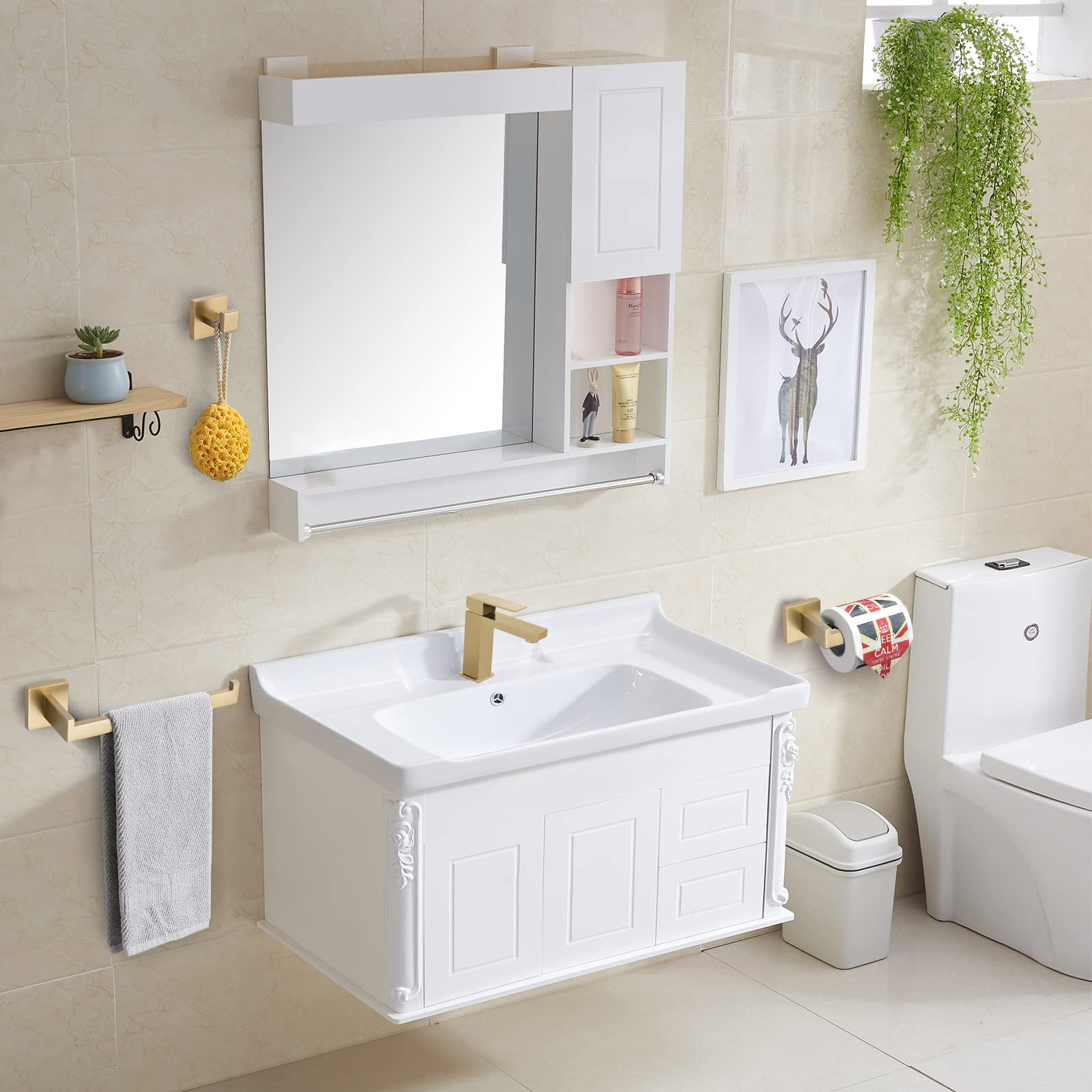 Turs Brushed Gold 3-Piece Bathroom Hardware Set Stainless Steel Gold Hand Towel Holder Toilet Paper Holder Towel Hook Wall Mount