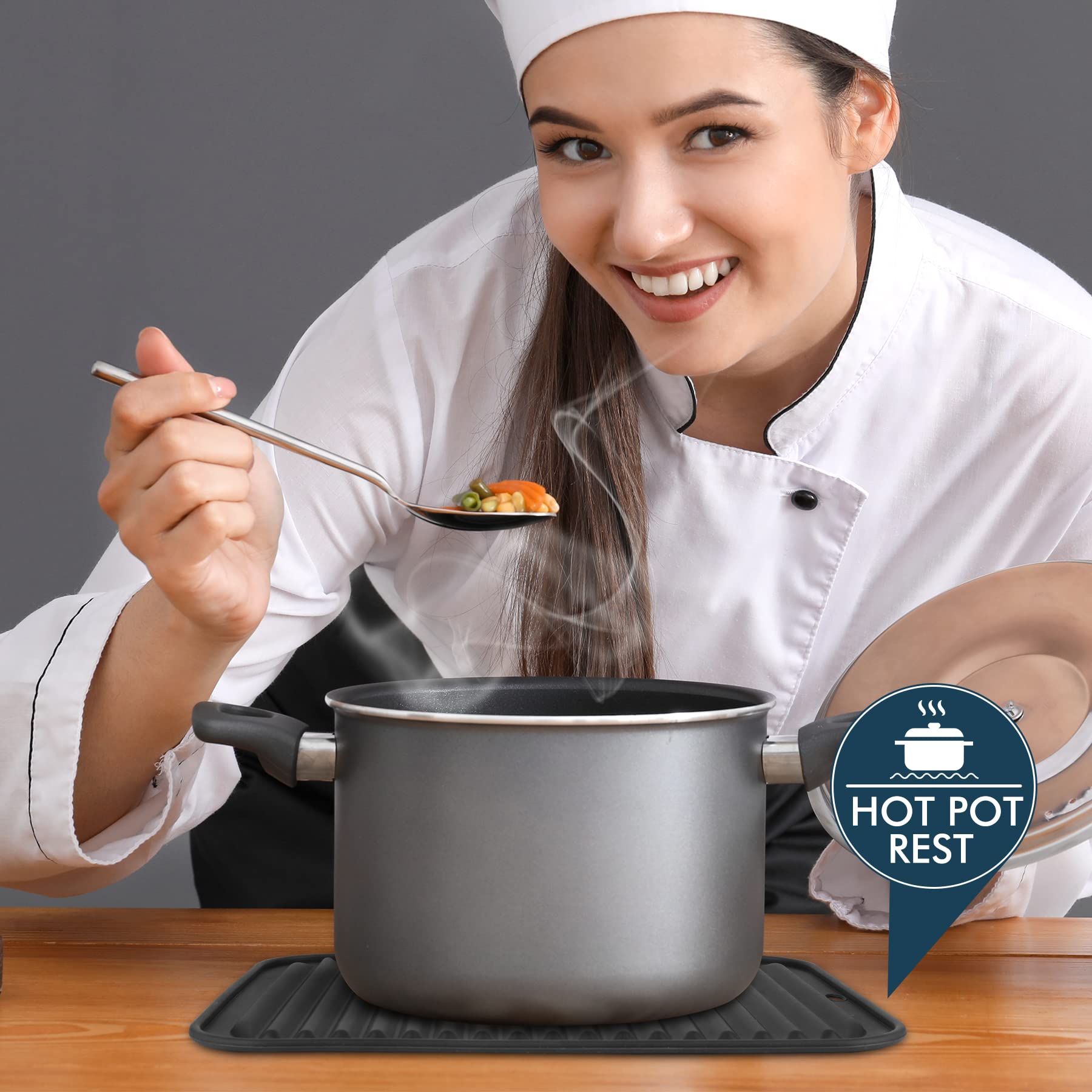 Hotec Silicone Trivets For Hot Pots And Pans, Heat Resistant For Kitchen Counter Dish Drying Mat, Set Of 2 Dark Grey