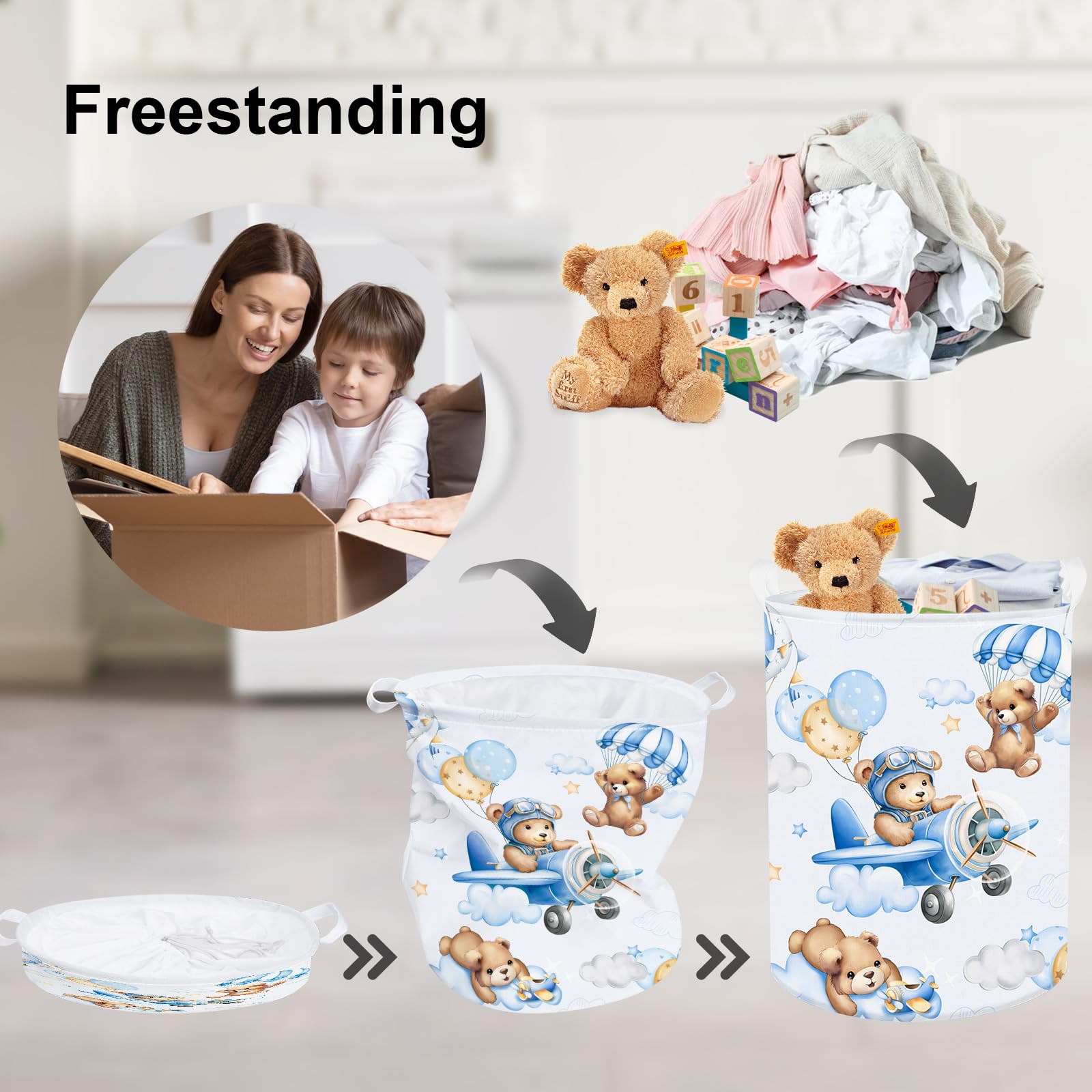Clastyle 45L Large Blue Bear Pilot Kid Boy Girl Laundry Hamper With Handle Collapsible Balloon Clothes Toy Storage Basket With L