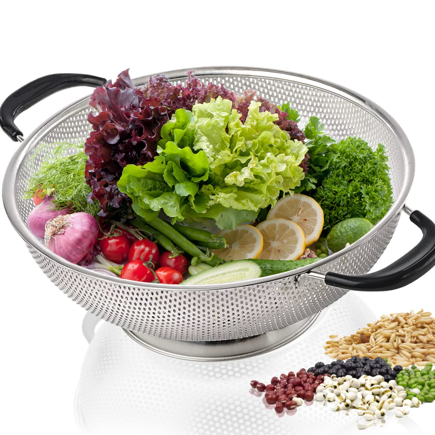 5 Qt Colander 18/8 Stainless Steel Colander Silicone Handle Easy Grip Micro-Perforated Strainer Heavy Duty And Self-Draining Sol