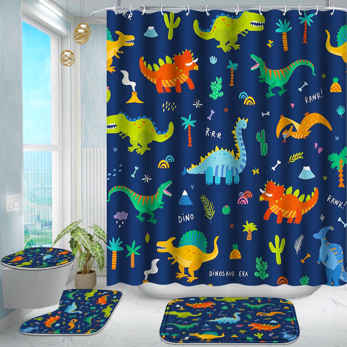 Poedist 4 Pcs Bathroom Shower Curtain Set,Kid'S Bathroom Curtain Sets With Rugs(Bath Mat,U Shape And Toilet Lid Cover Mat) And 1