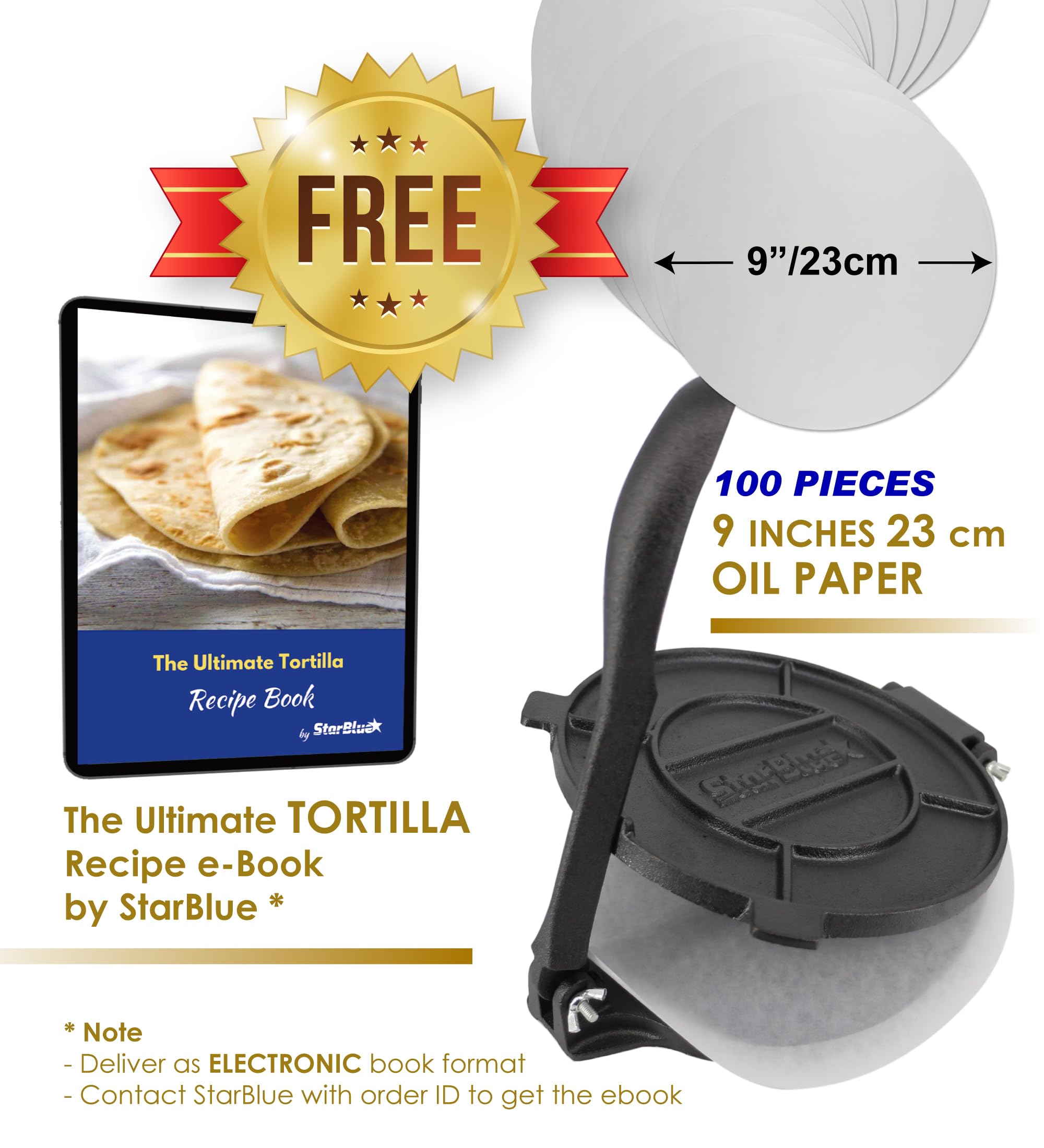 8 Inch Cast Iron Tortilla Press By Starblue With Free 100 Pieces Oil Paper And Recipes E-Book - Tool To Make Indian Style Chapat