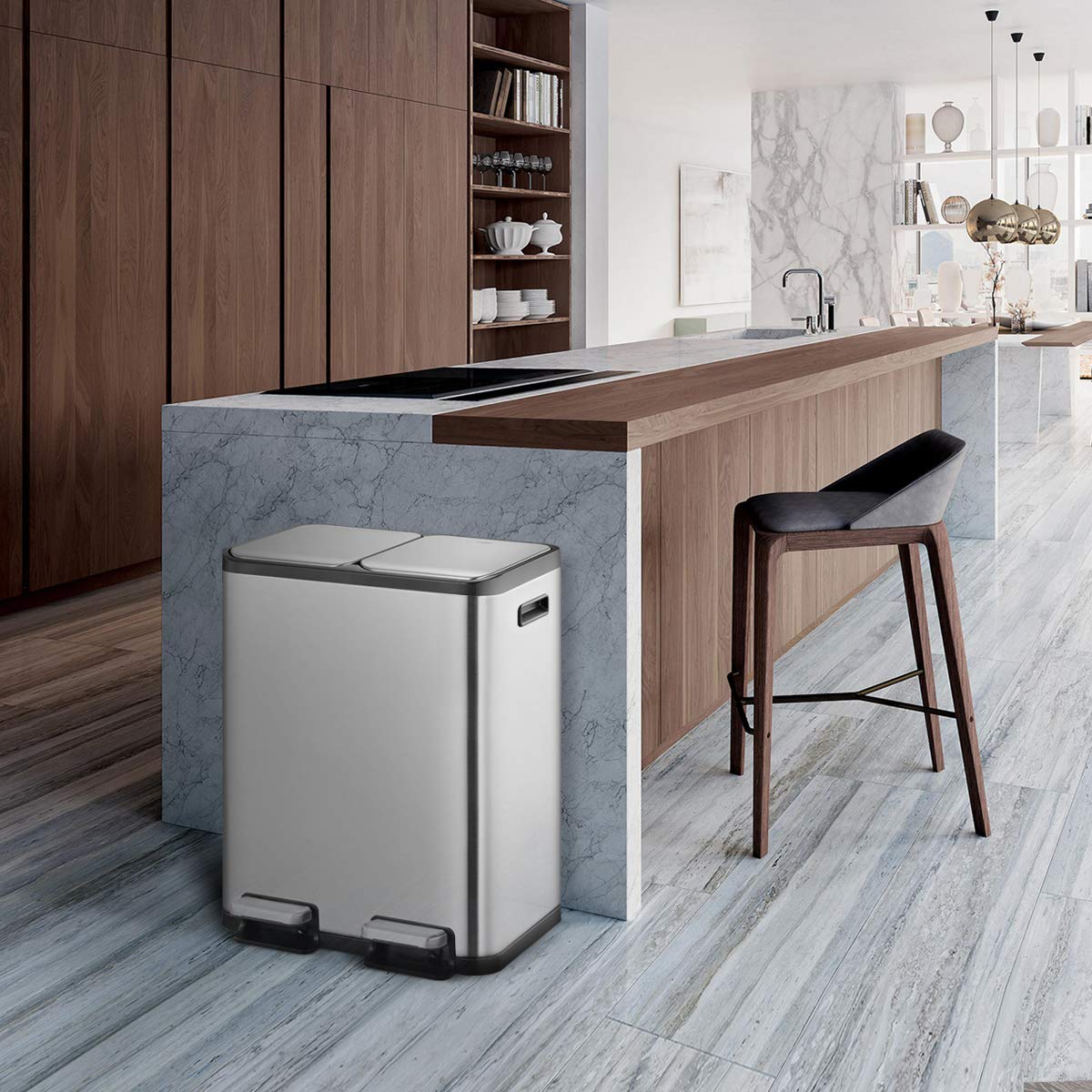 EKO EcoCasa II 30L+30L Dual Compartment Kitchen Recycle Trash Can  Brushed Stainless Steel Finish (EK9129MT-30L+30L)