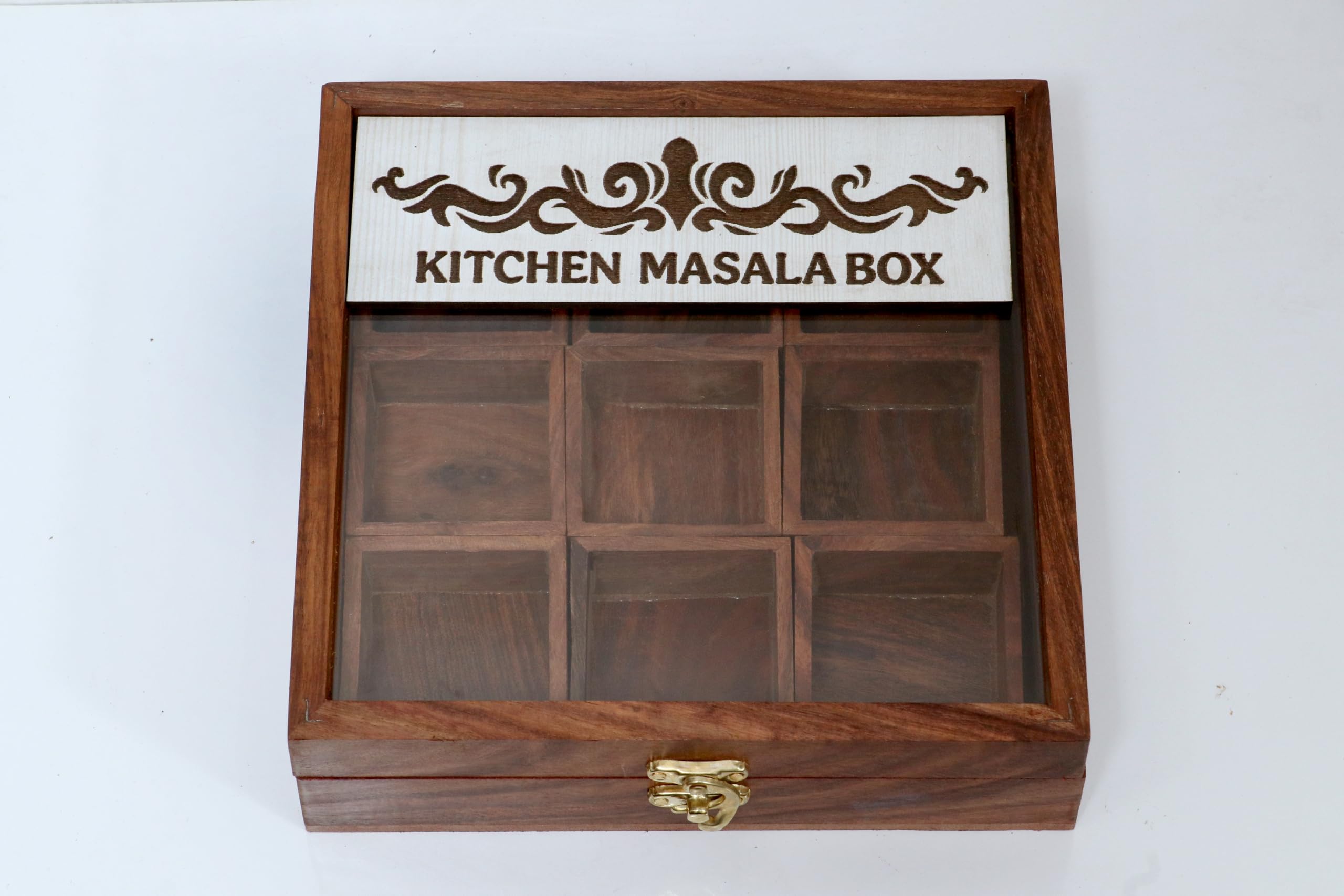 Karaft Wila Spice Box For Kitchen With 2 Spoons/Sheesham Wooden Table Top Masala Dabba 9 Containers Jars & Spice Box/Masala Box 