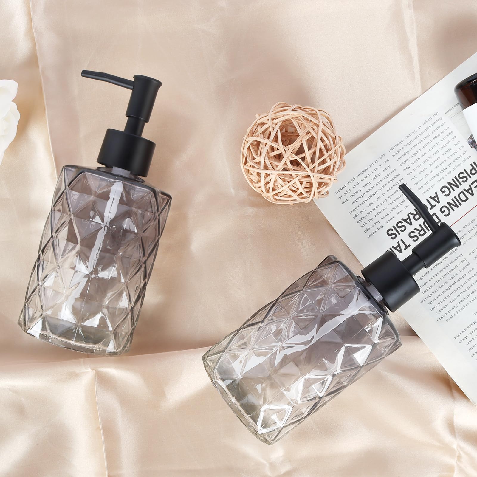 Ulable Glass Soap Dispenser With Plastic Pump, 2 Pack 12Oz Gradient Diamond Design Black Soap Dispenser, Bathroom Soap Dispenser