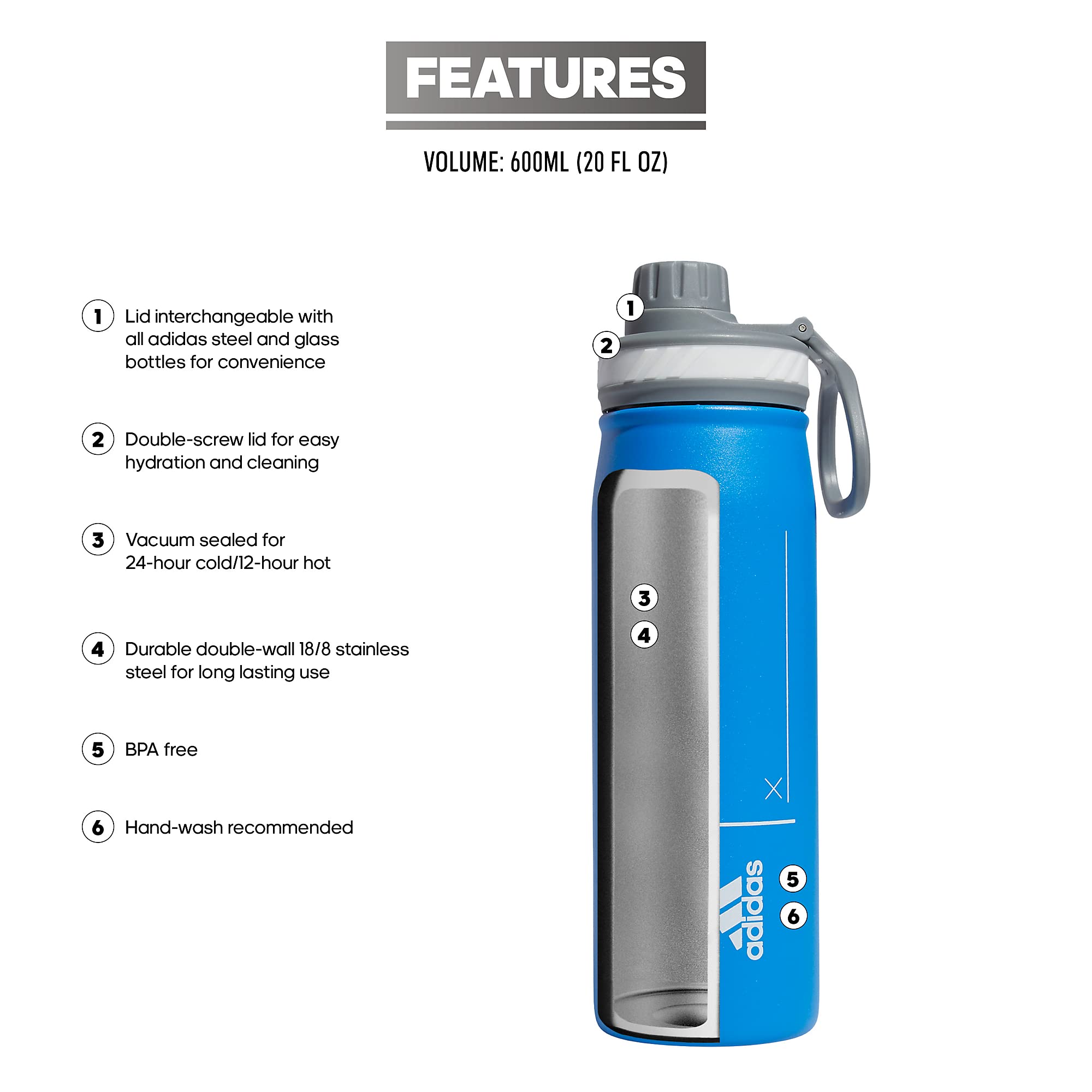 Adidas 600 Ml (20 Oz) Metal Water Bottle, Hot/Cold Double-Walled Insulated 18/8 Stainless Steel, Blue Rush/White/Grey, One Size