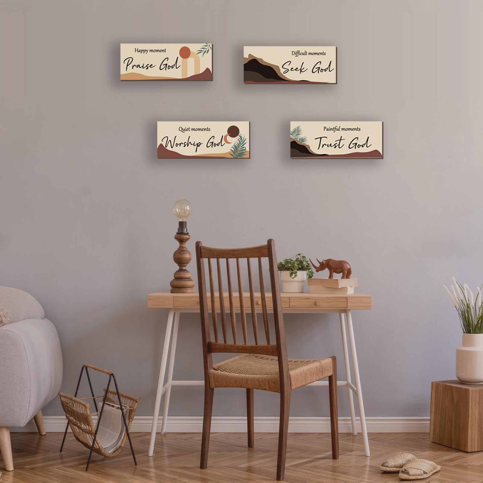 ONIZHITY 4 Pcs Boho Bathroom Decor Religious Wall Art Bible Verse Inspirational Navy Bohemian Wall Decor Rustic Wooden Christian