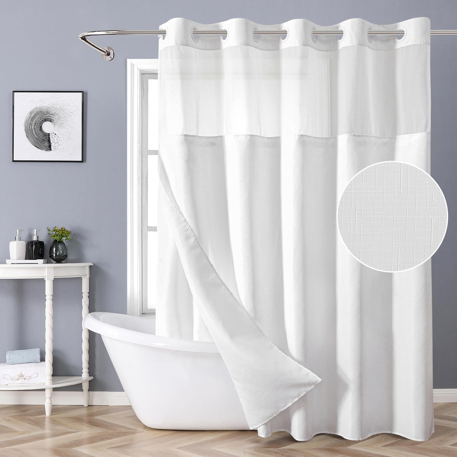 Eachope White No Hook Shower Curtain With Snap-In Fabric Liner Set,Slub Textured Fabric Shower Curtains For Bathroom,Hotel Style