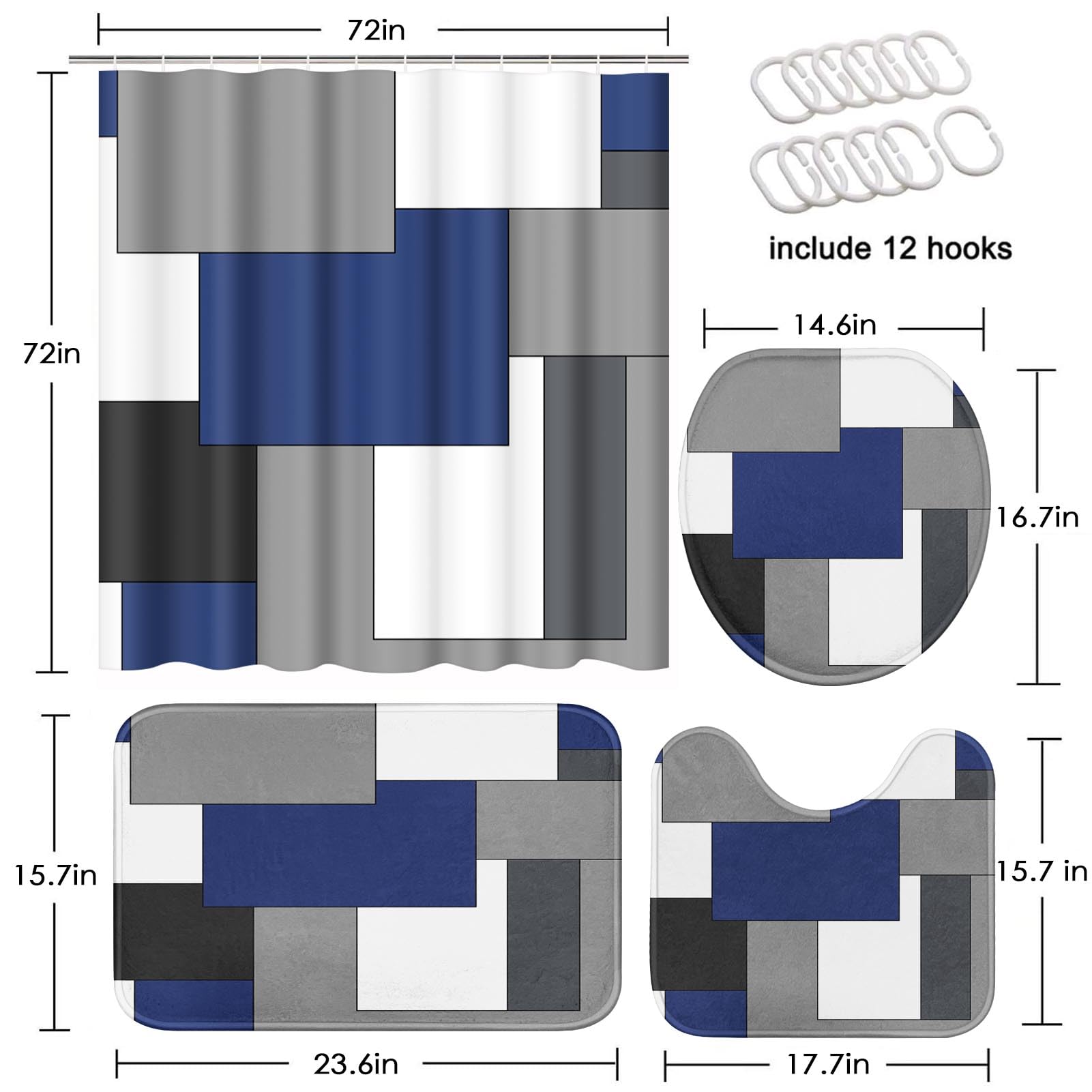 Tayney Navy Blue Geometric Shower Curtain Set with Toilet Lid Cover and Non-Slip Rugs  Black White Grey Checkered 4 Pcs Modern Shower Curtain for Bathroom Set with 12 Hooks