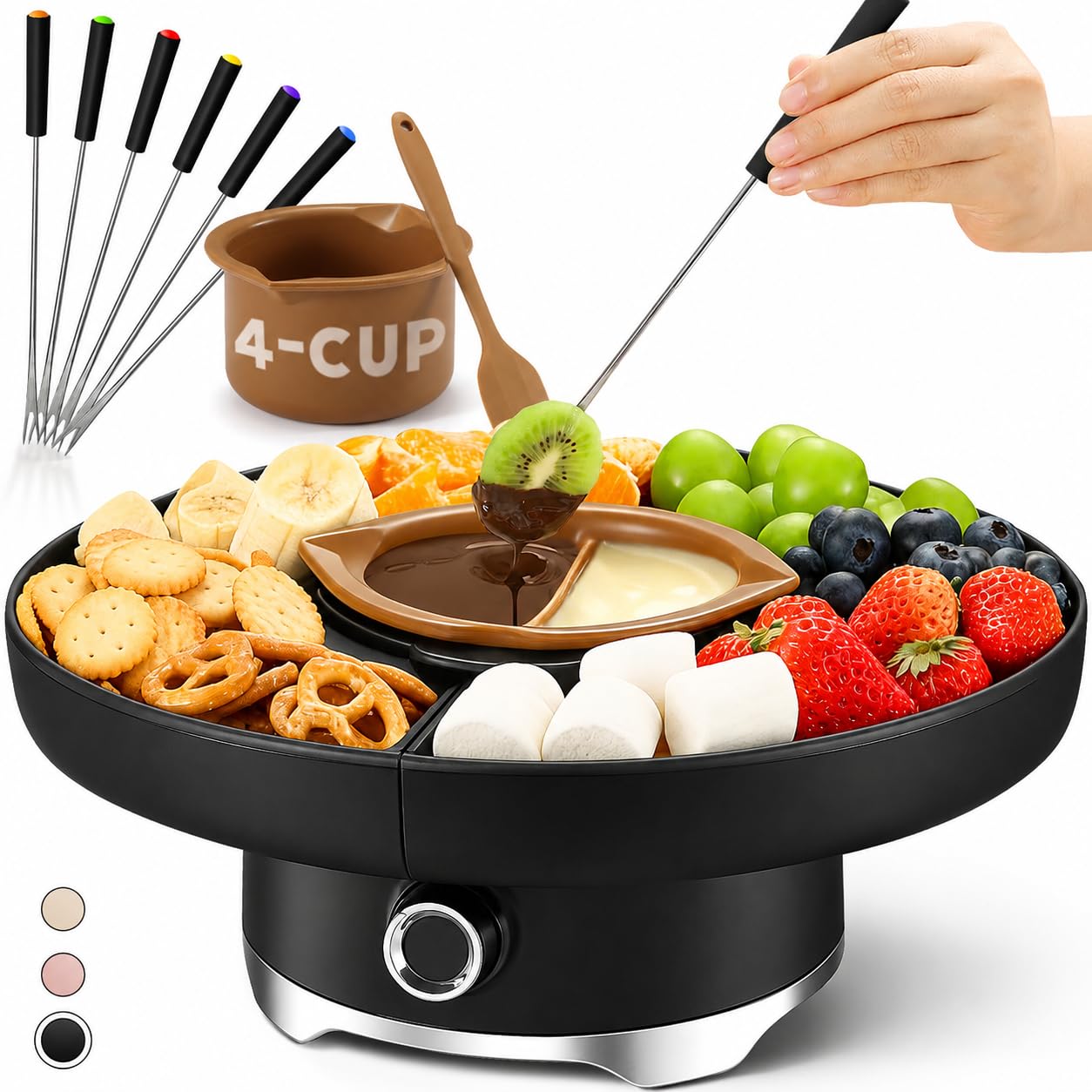 LUSHYUM Electric Chocolate Fondue Pot Set, 4Cup Chocolate, Rotating Tray