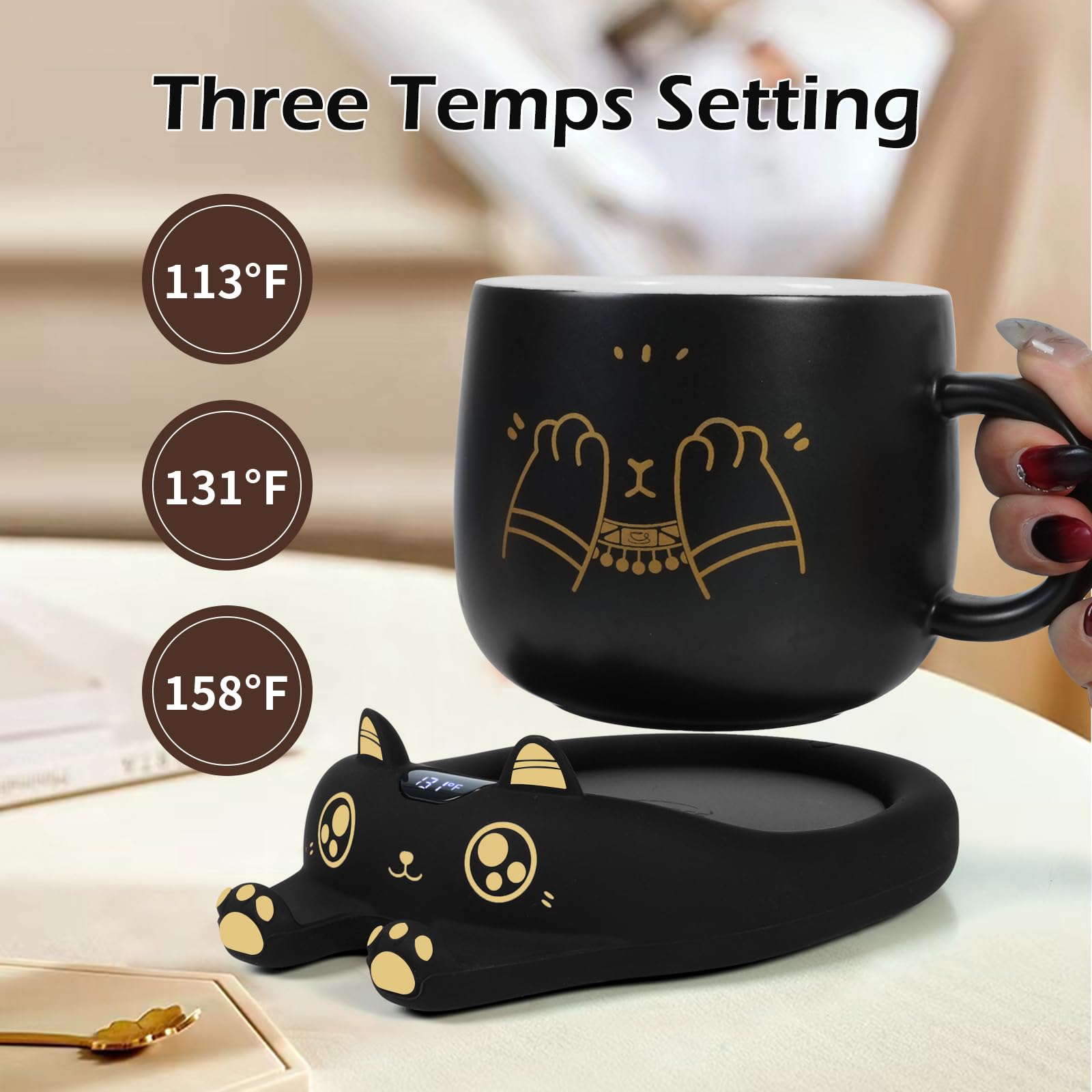 Pusee Coffee Mug Warmer & Cute Cat Mug Set, Coffee Cup Warmer For Desk With Auto Shut Off, Beverage Warmer With 3 Temp Settings,