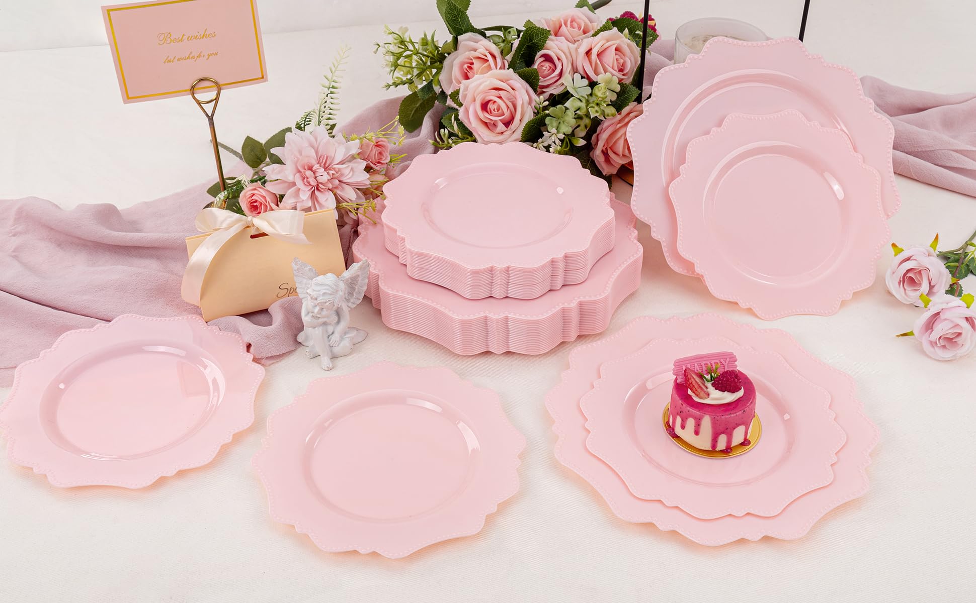 Colosus Disposable Pink Party Plastic Plates Set, 60 Pack (30 Guest) Dinner & Salad/Dessert Plate For Spring Wedding Birthday Va