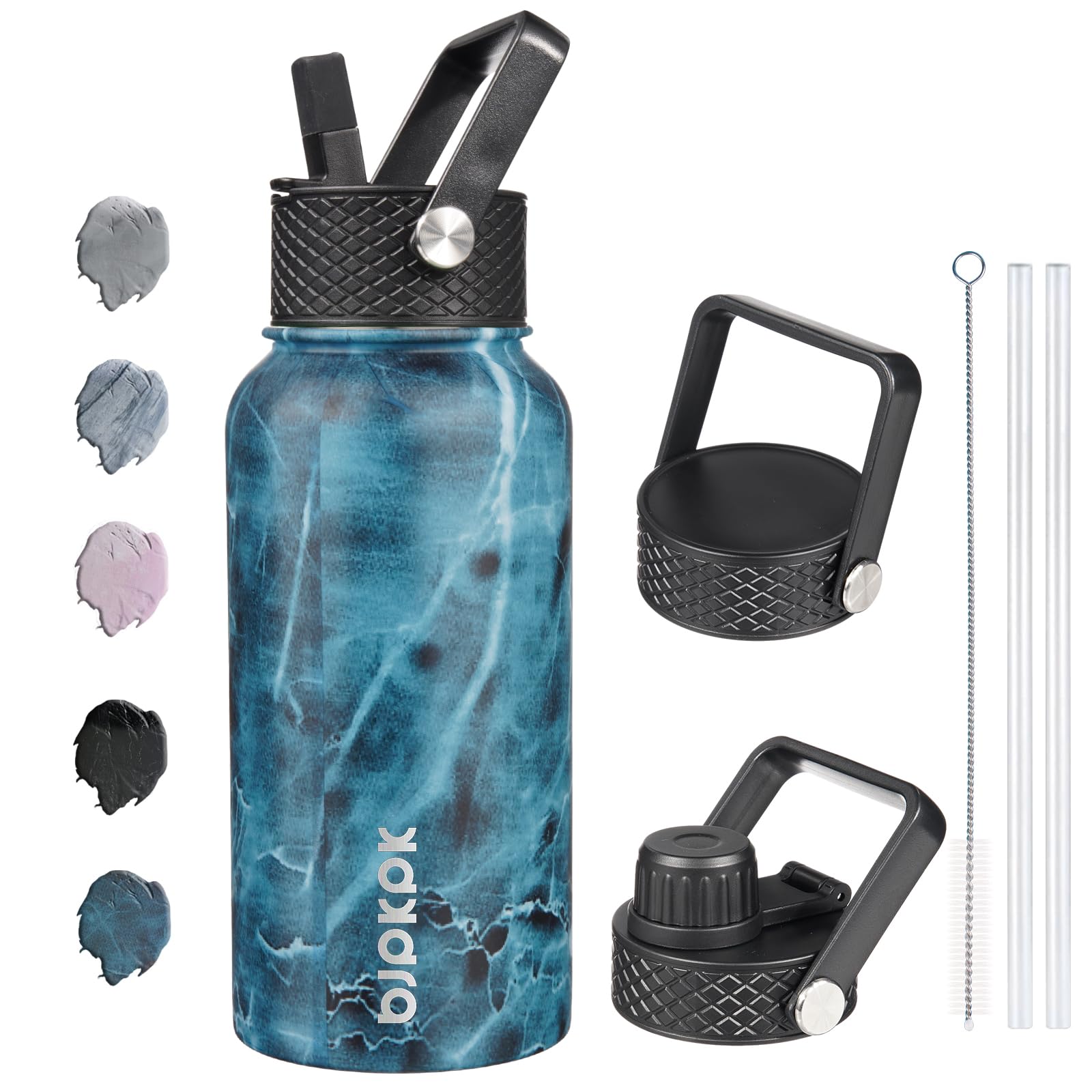 Bjpkpk Insulated Water Bottles With Straw Lid, 27Oz Stainless Steel Water Bottle With 3 Lids, Leak Proof Bpa Free Metal Thermos