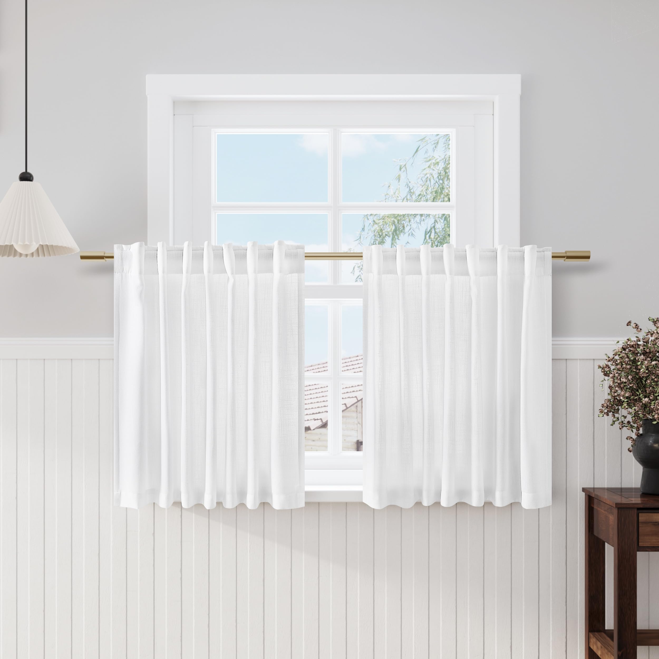 Nanspring White Semi Sheer Linen Textured Valances for Small Short Windows 2 Panels Set Back Tab Rod Pocket Light Filtering Line