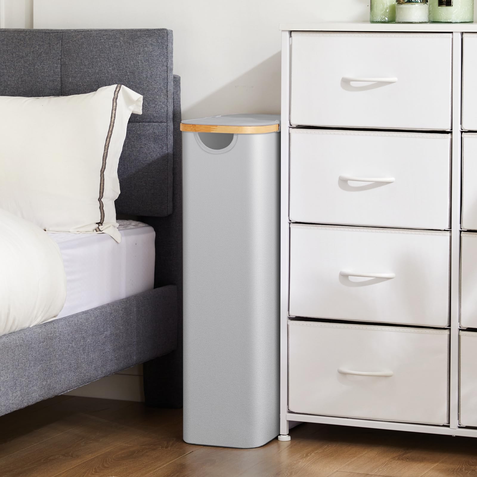 Fiona'S Magic Slim Laundry Hamper With Lid, 63L Narrow Laundry Basket With Removable Bag, Grey Collapsible Dirty Clothes Basket,