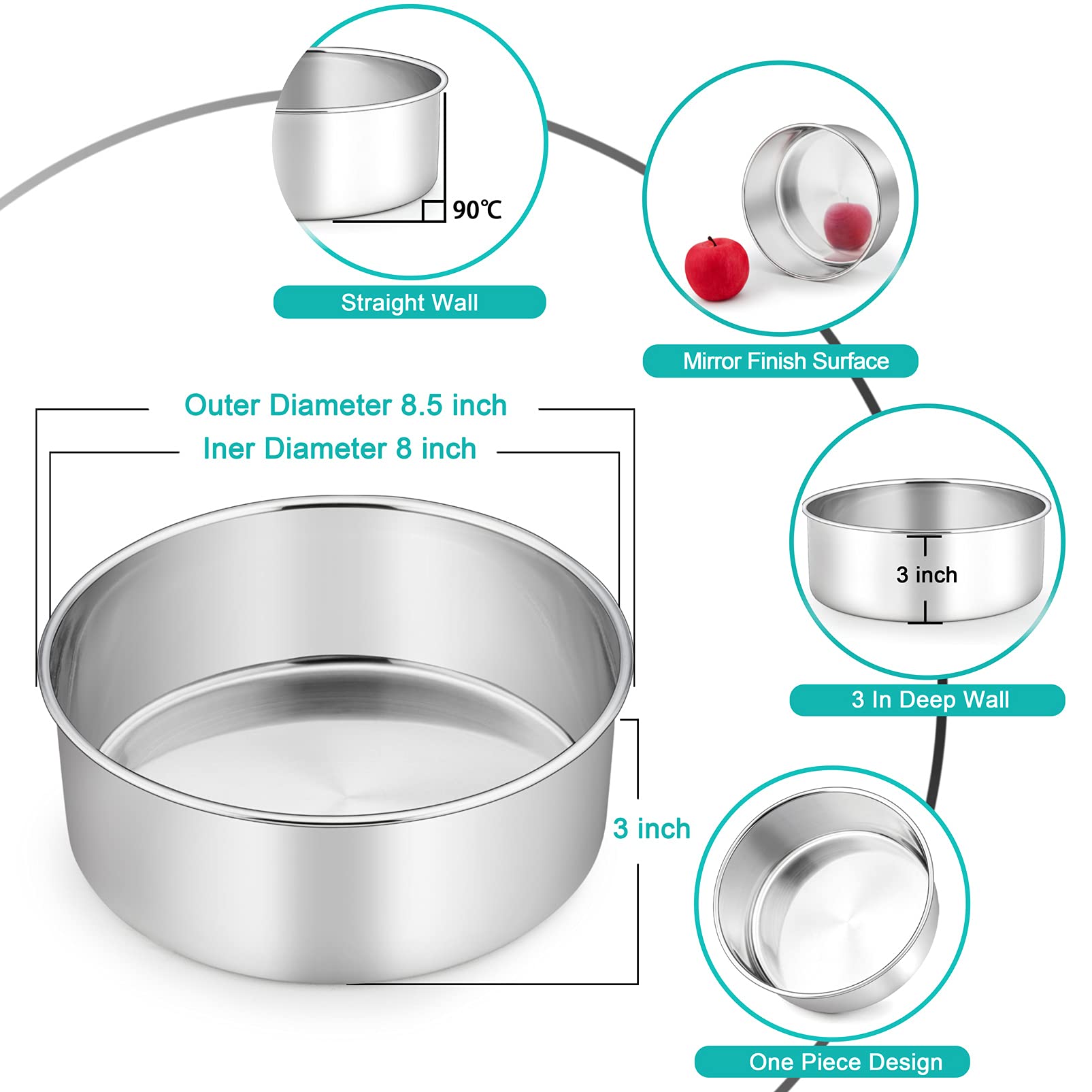 Teamfar Cake Pans, 2 Pcs Stainless Steel Round 3 Inch Deep Baking Cake Pans For Wedding Birthday Party, Non-Toxic & Heavy Duty,