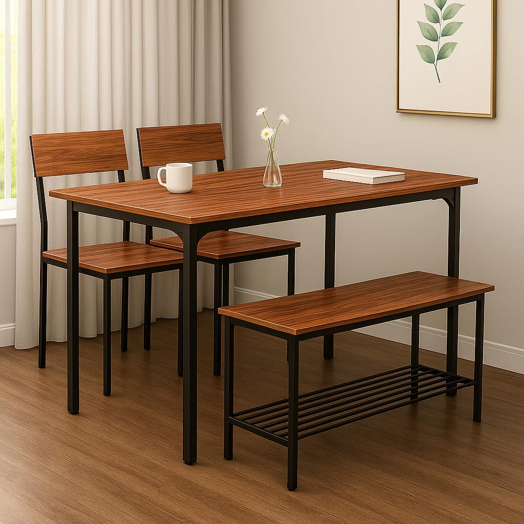Forecrafts Dining Set Of 4 With Bench & Chairs, 4 Seater Table Set, Engineered Wood Top & Metal Frame, Space Saving Compact Furn