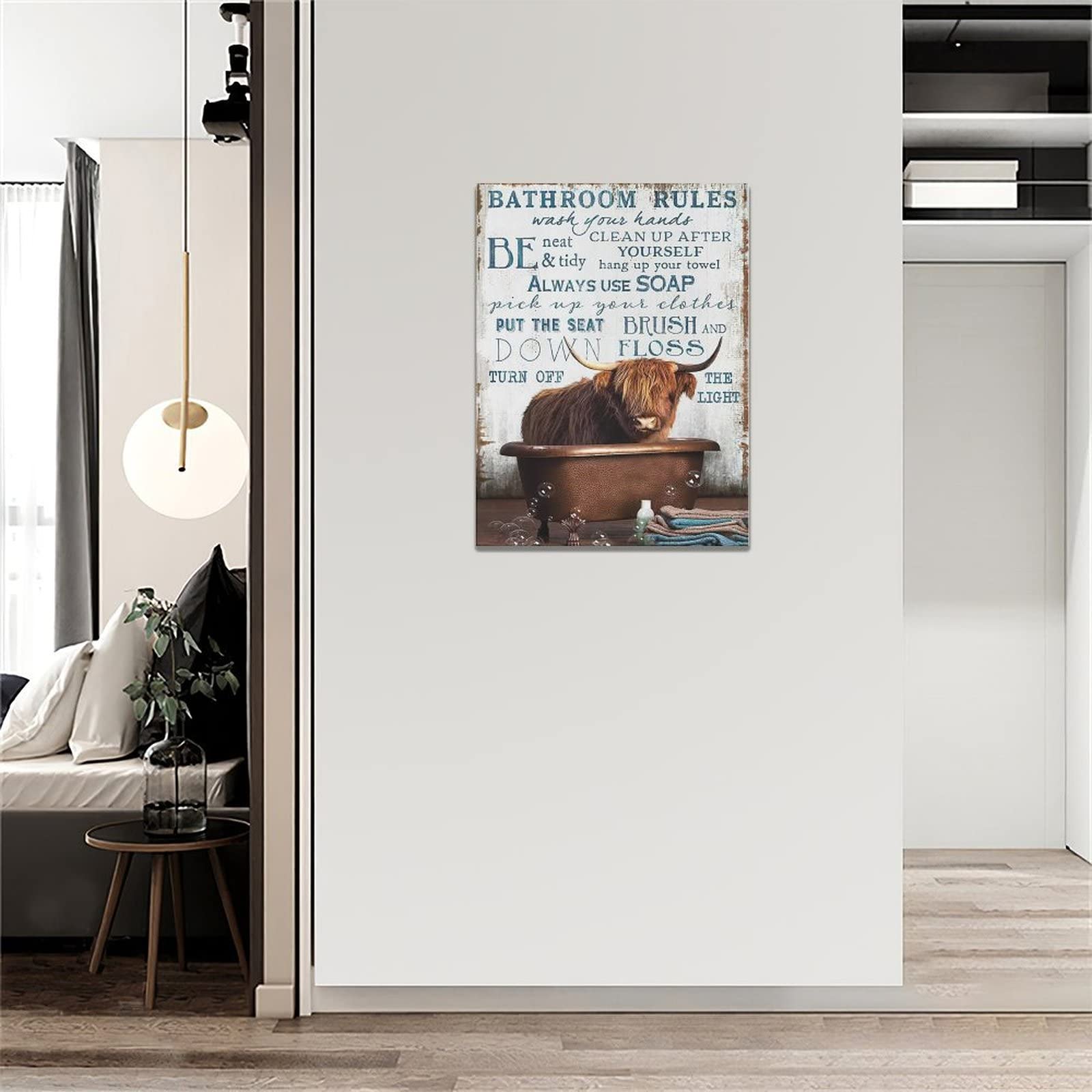 Citari Cow Wall Art Farmhouse Highland Cow Bathroom Rules Pictures Bathroom Signs Rustic Canvas Painting Funny Cow Framed Artwor