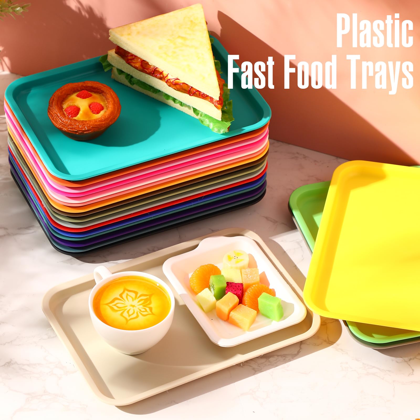Sintuff 20 Pcs Plastic Fast Food Trays Bulk Colorful Cafeteria Trays Restaurant Serving Trays Grill Tray Rectangular Lunch Trays