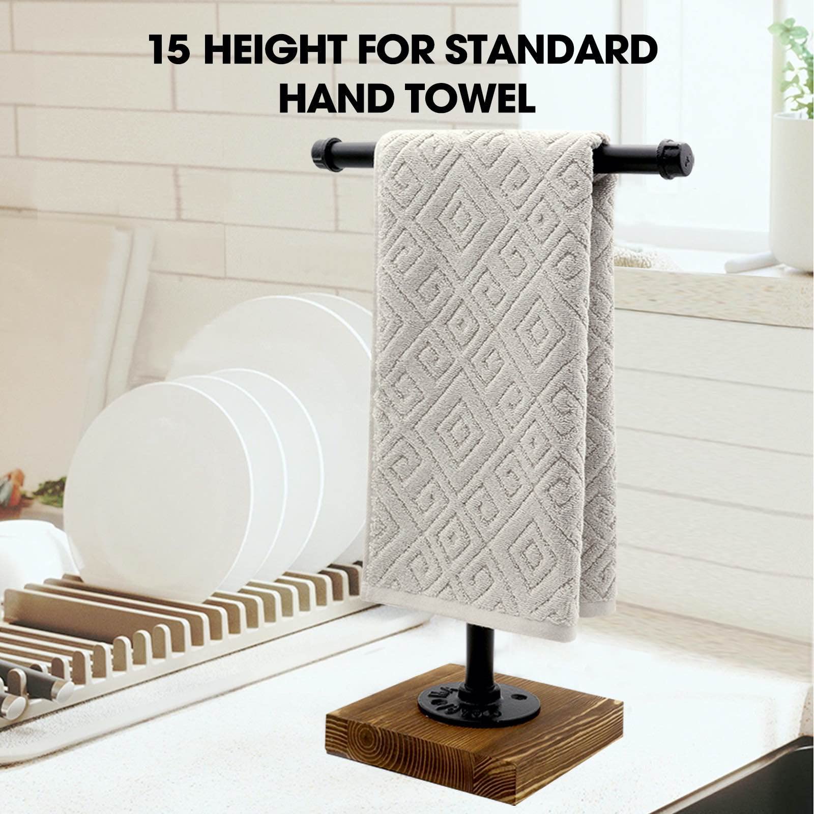 Yessap Hand Towel Holder, T-Shape Height 15'' Black Hand Towel Holder Stand, Free Standing Hand Towel Holder For Bathroom Counte