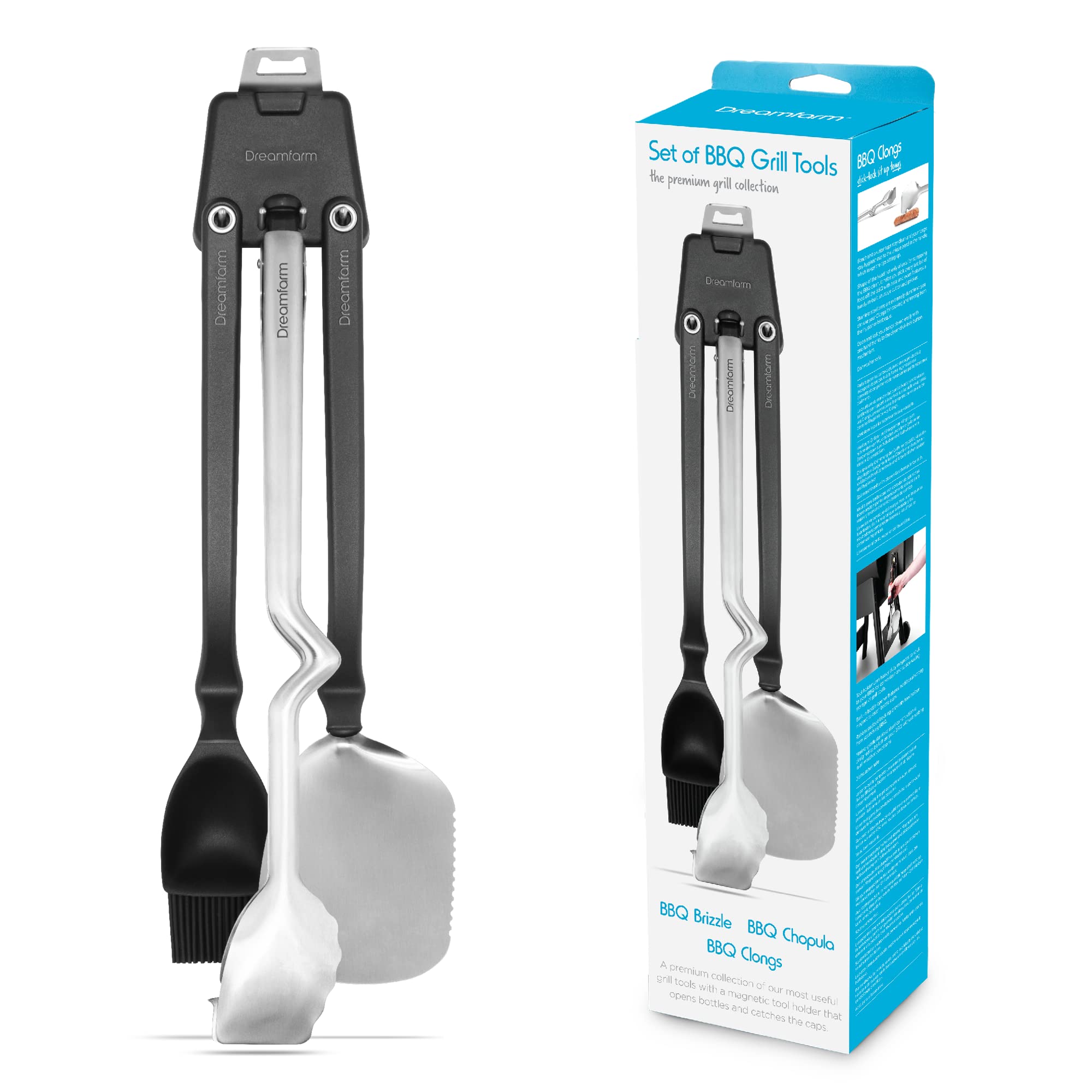 Dreamfarm Set Of Bbq Grill Tools | Stainless Steel Cooking Utensils | Bbq Brizzle, Bbq Clongs, Bbq Chopula With Magnetic Set Hol