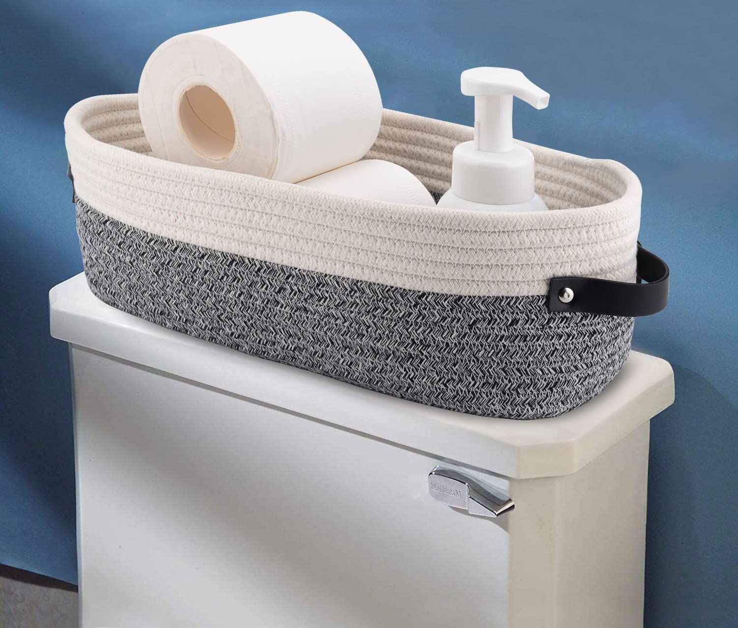 Oradrem Small Cotton Rope Woven Basket Toilet Paper Baskets for Organizing Decorative Basket for Boho Decor Small Storage Basket 13''x5.9''x4'' Variegated Gray&White