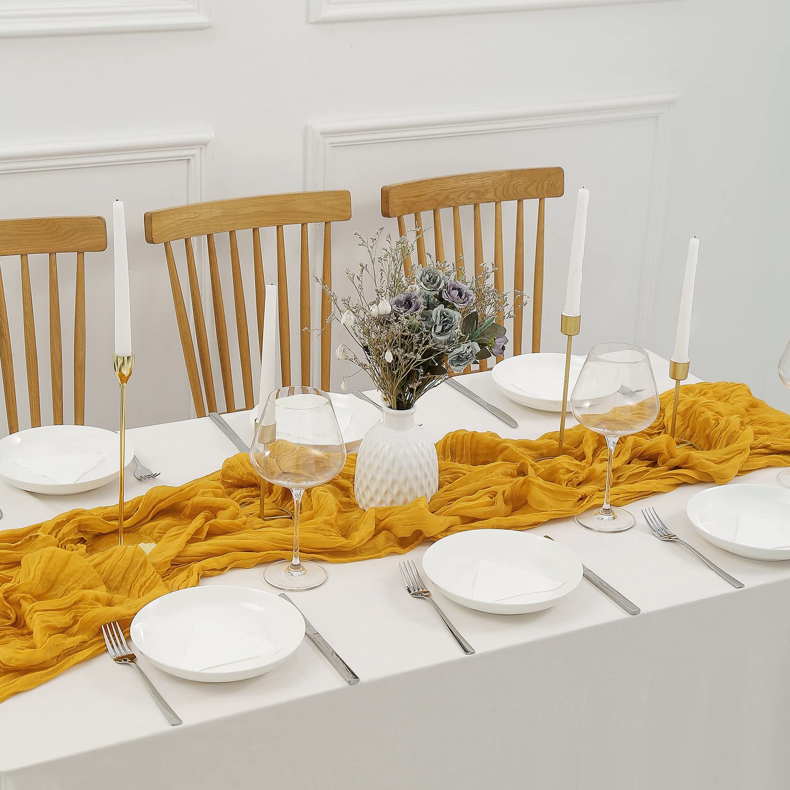Dolopl Mustard Yellow Cheesecloth Table Runner 13.3Ft Boho Gauze Cheese Cloth Table Runner Rustic Sheer Runner 160Inch Long For