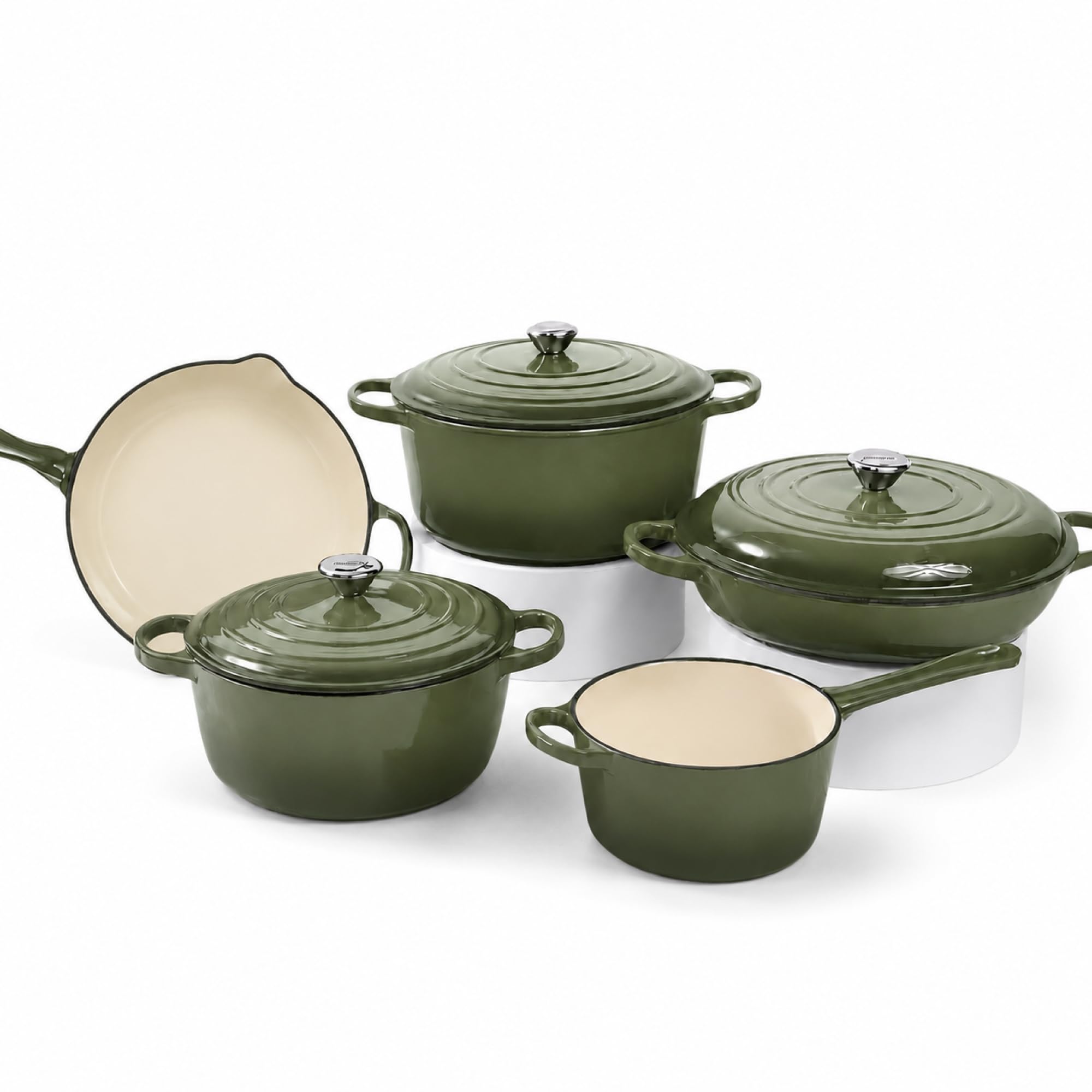 GOURMETIFIC Cast Iron Cookware Set Enameled Dutch Oven Skillet Pots and Pans with Lids for Oven Stovetop and Everyday Cooking (G