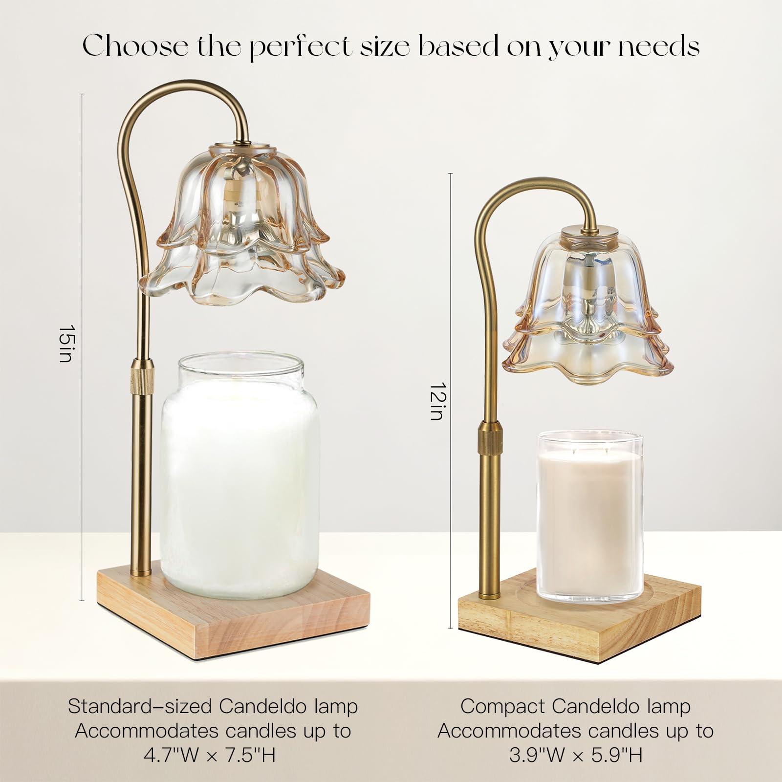 Candeldo Candle Warmer Lamp with Timer: Small Gold Flower Candle Warming Lamp with 2 Bulbs Height Adjustable Wax Warmer Dimmable