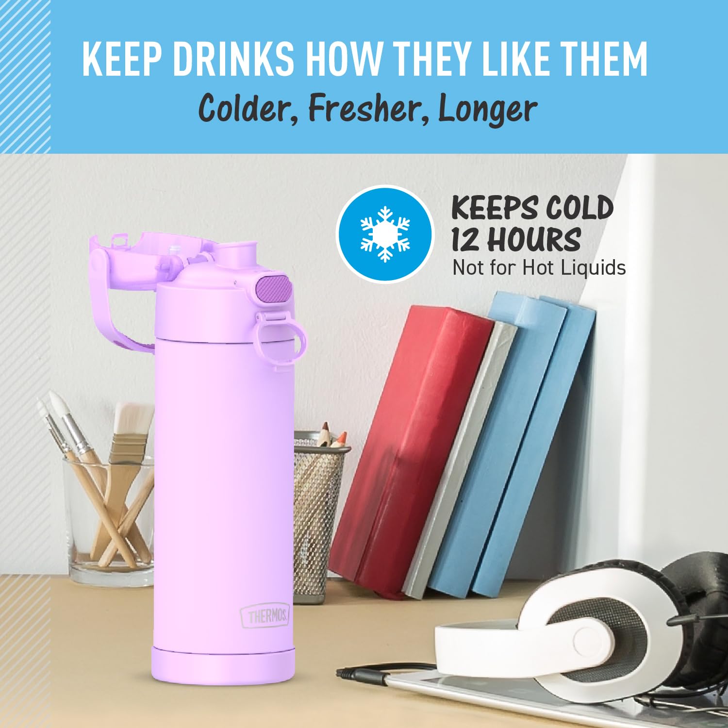 Thermos Funtainer 16 Ounce Stainless Steel Vacuum Insulated Bottle With Wide Spout Lid, Neon Purple