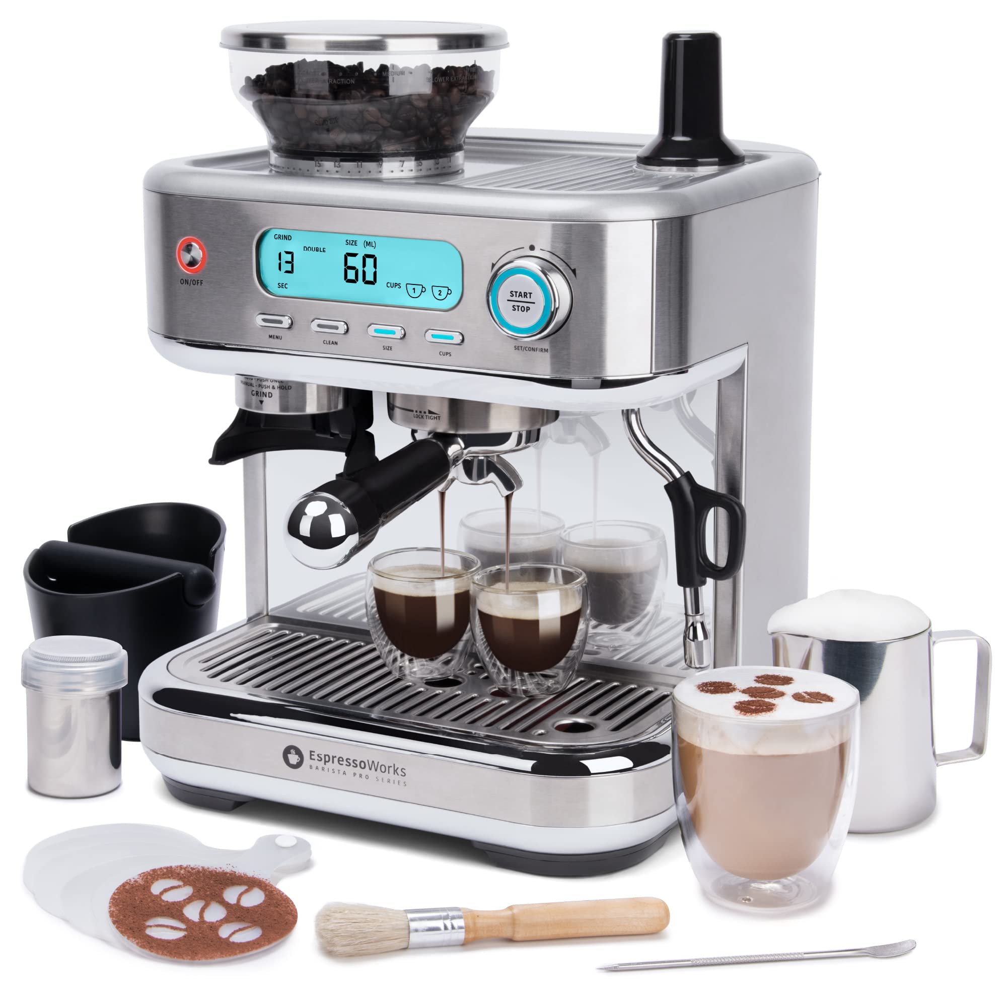 EspressoWorks Barista Pro Series Espresso Machine with Grinder, LCD Display and Steamer - Ready To Go In 60 Sec - 15-Bar Latte a
