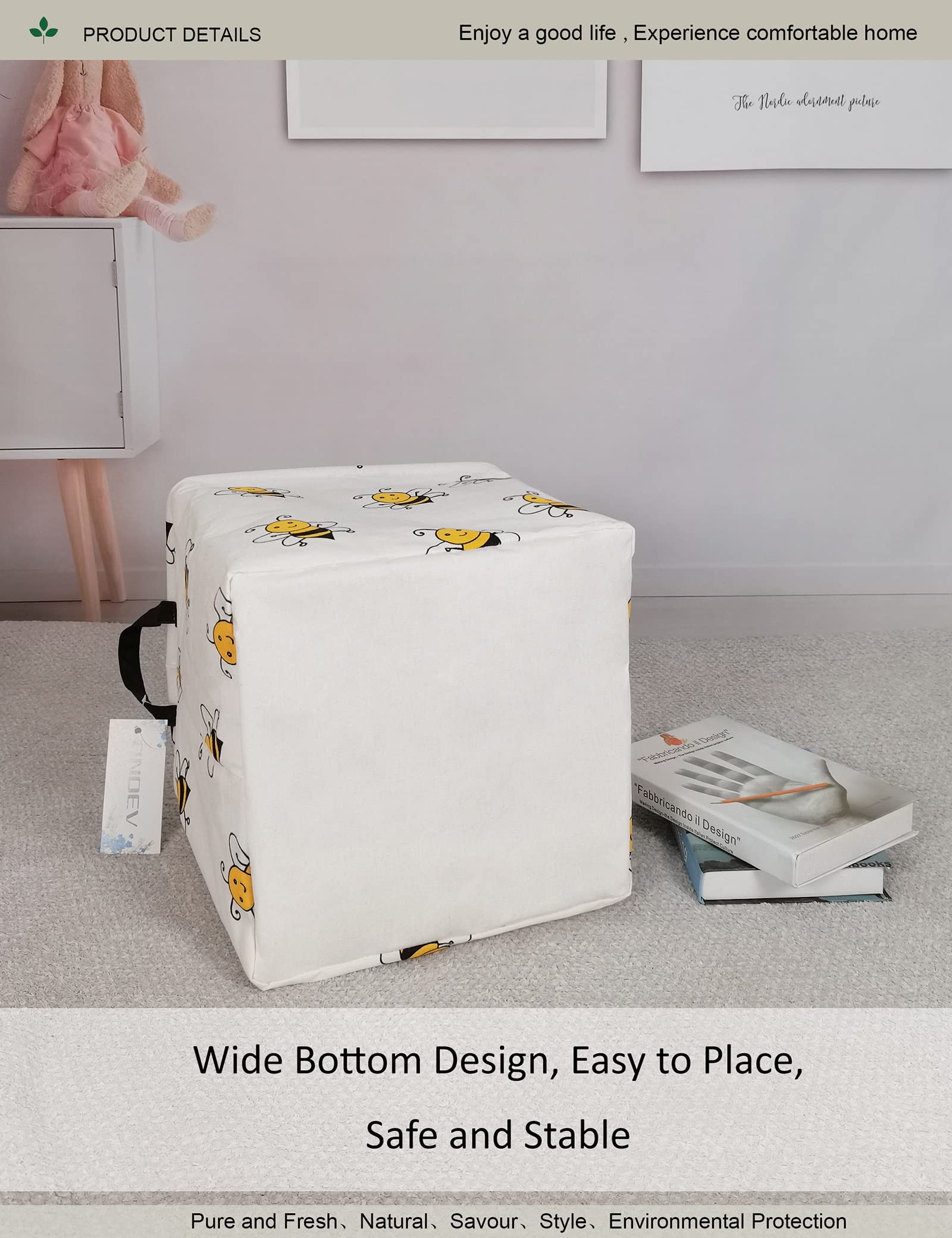 ONOEV Square Folding Laundry Basket  Canvas Basket Nersury Hamper Suitable for Children Office Bedroom Clothes Toys Storage(Bee)
