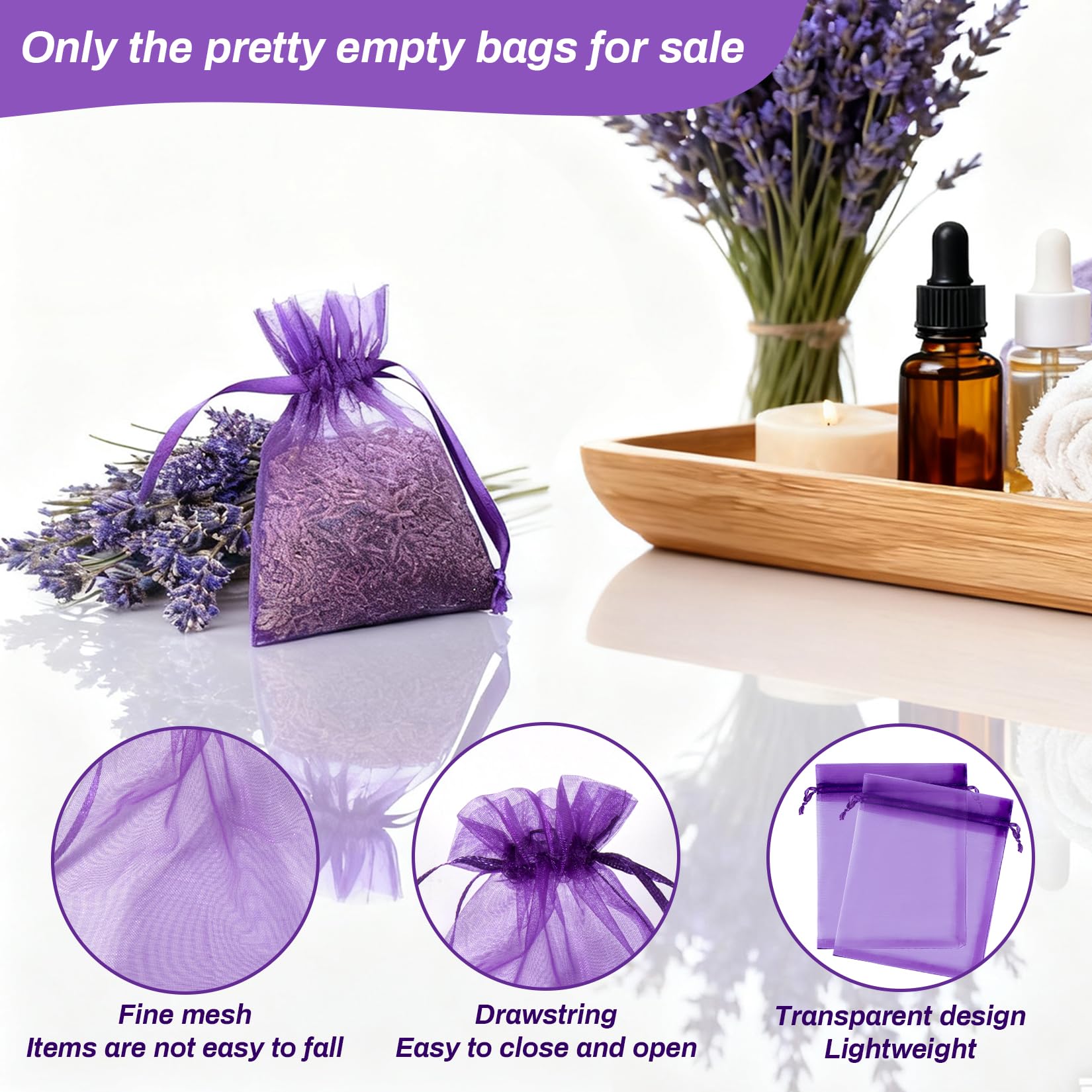 Sukh 50 Lavender Sachet Bags Empty - Purple Organza Bags 3x4 Sachets for Drawers and Closets Deodorizer Potpourri Bag Scented Sa