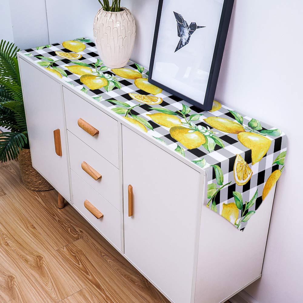 Linen Burlap Table Runner Spring Farmhouse Dresser Scarves, Yellow Lemon On Buffalo Plaid Table Runners For Family Dinner/Holida
