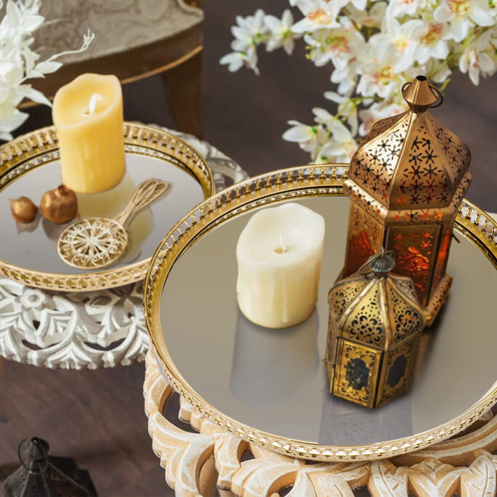 Ayswupt Gold Mirrored Vanity Tray For Bathroom Counter,Metal Decorative Jewelry Storage Tray Cosmetic Perfume Organizer For Dres
