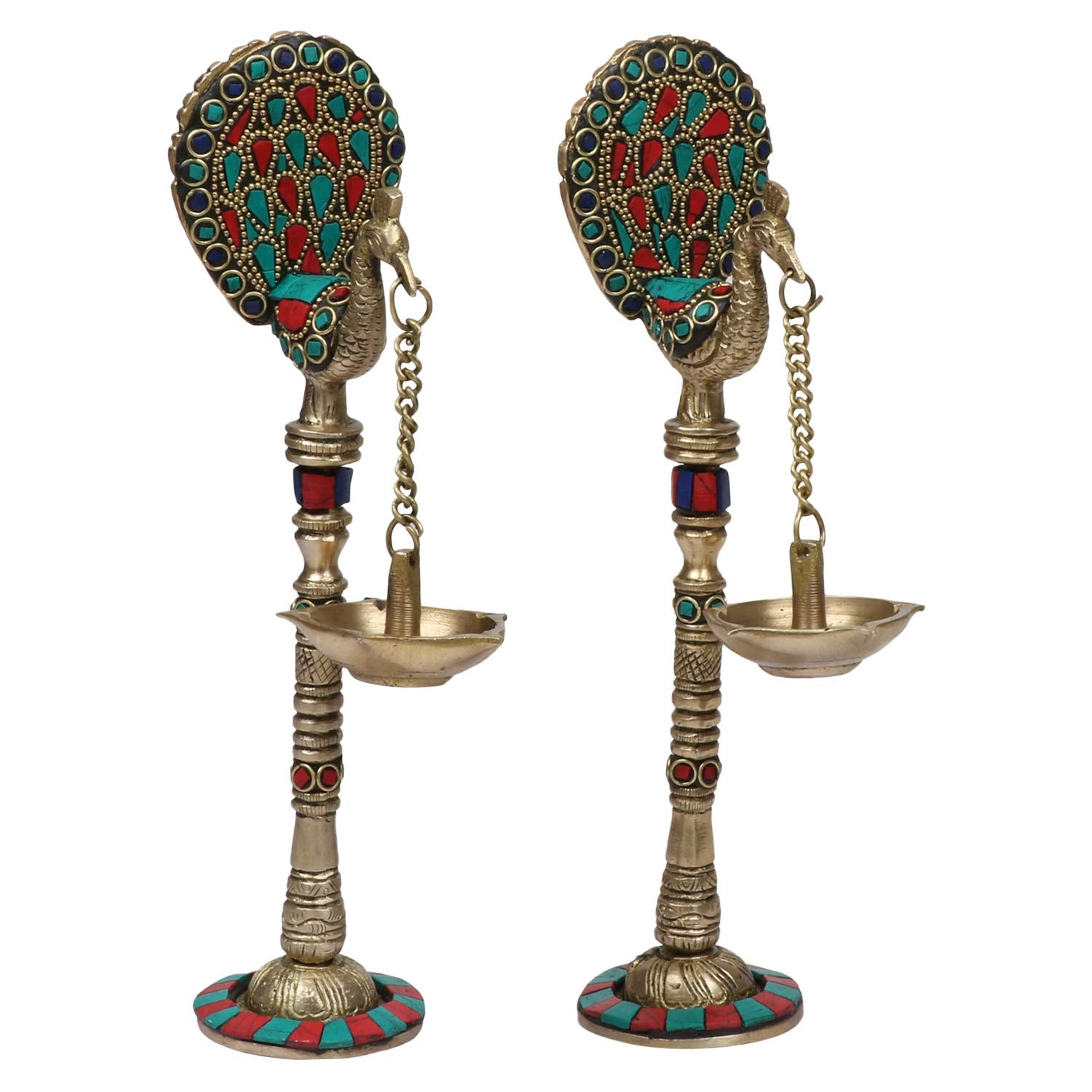 Kartique Brass Diya Stand (6.4 x 6.4 x 23.5 cm, Multicolour), Standard (MNPEACOCKDIYA1000GM)