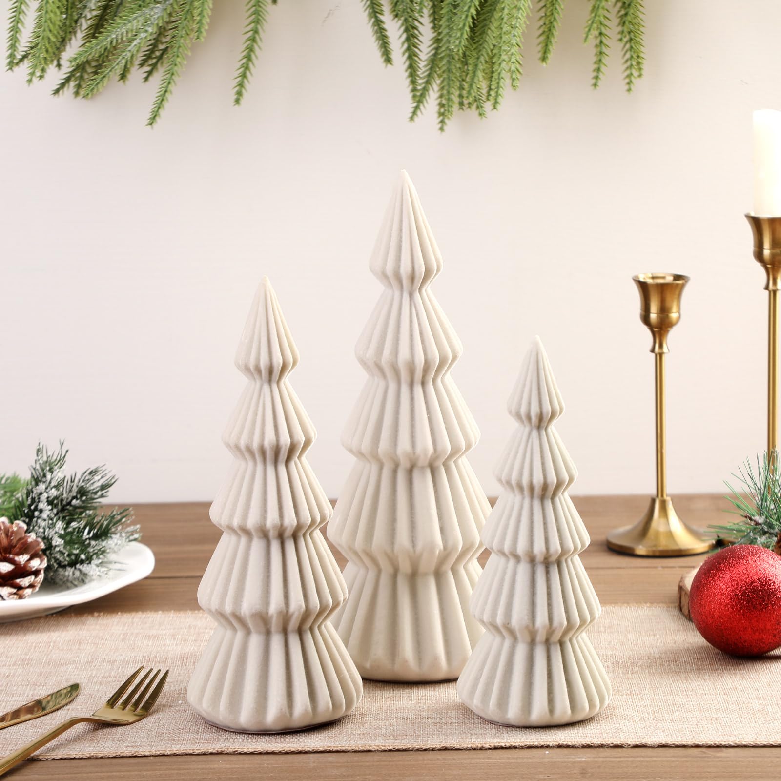 Relaxgiant Set of 3 Velvet Ceramic Christmas Trees Decoration Large Modern Velvet Cone Christmas Tree Figurine Decor Holiday Xma