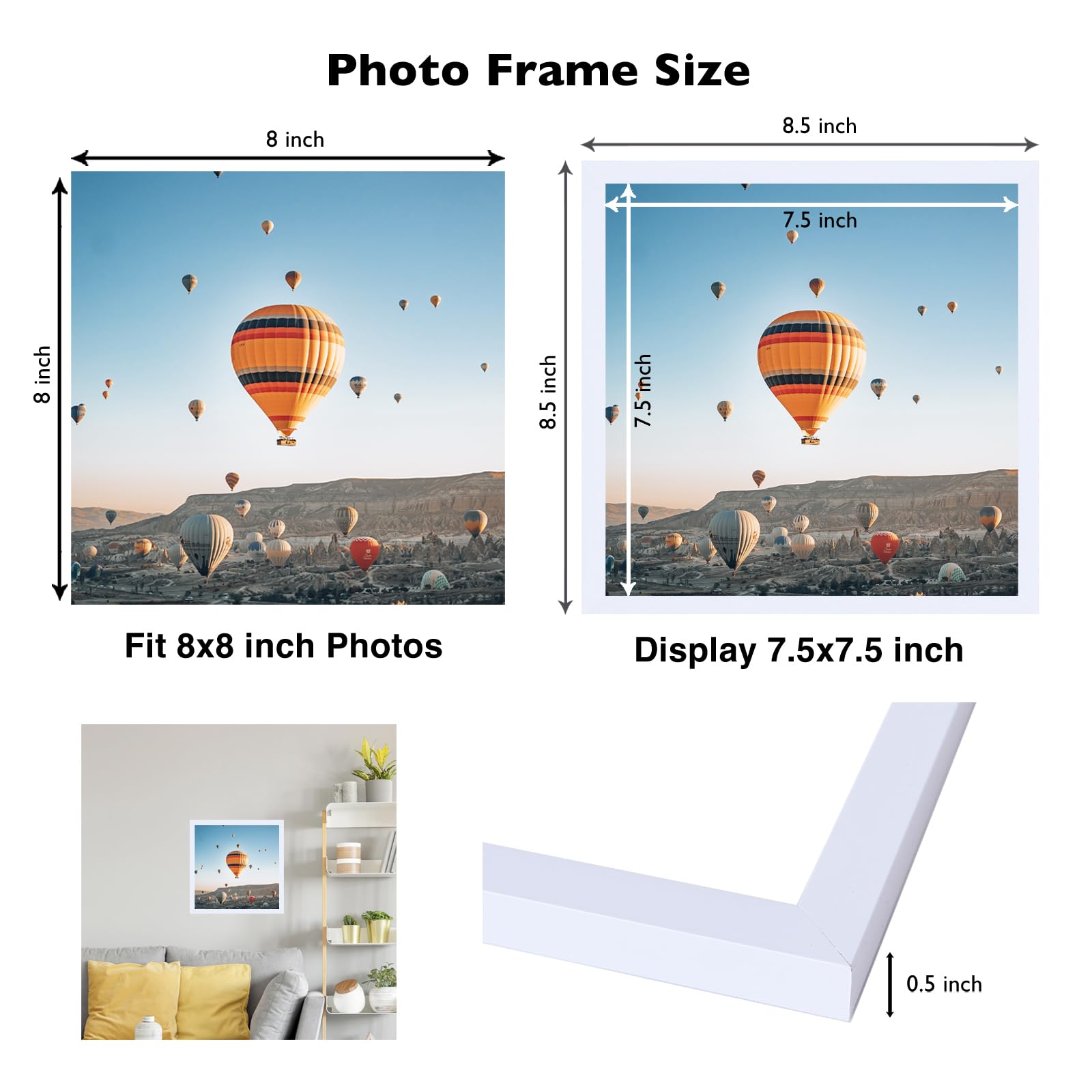 JCJMY 8x8 Picture Frame White for Wall Hanging or Tabletop, Wall Mounting Horizontally or Vertically, 8 x 8 Square Wall Gallery