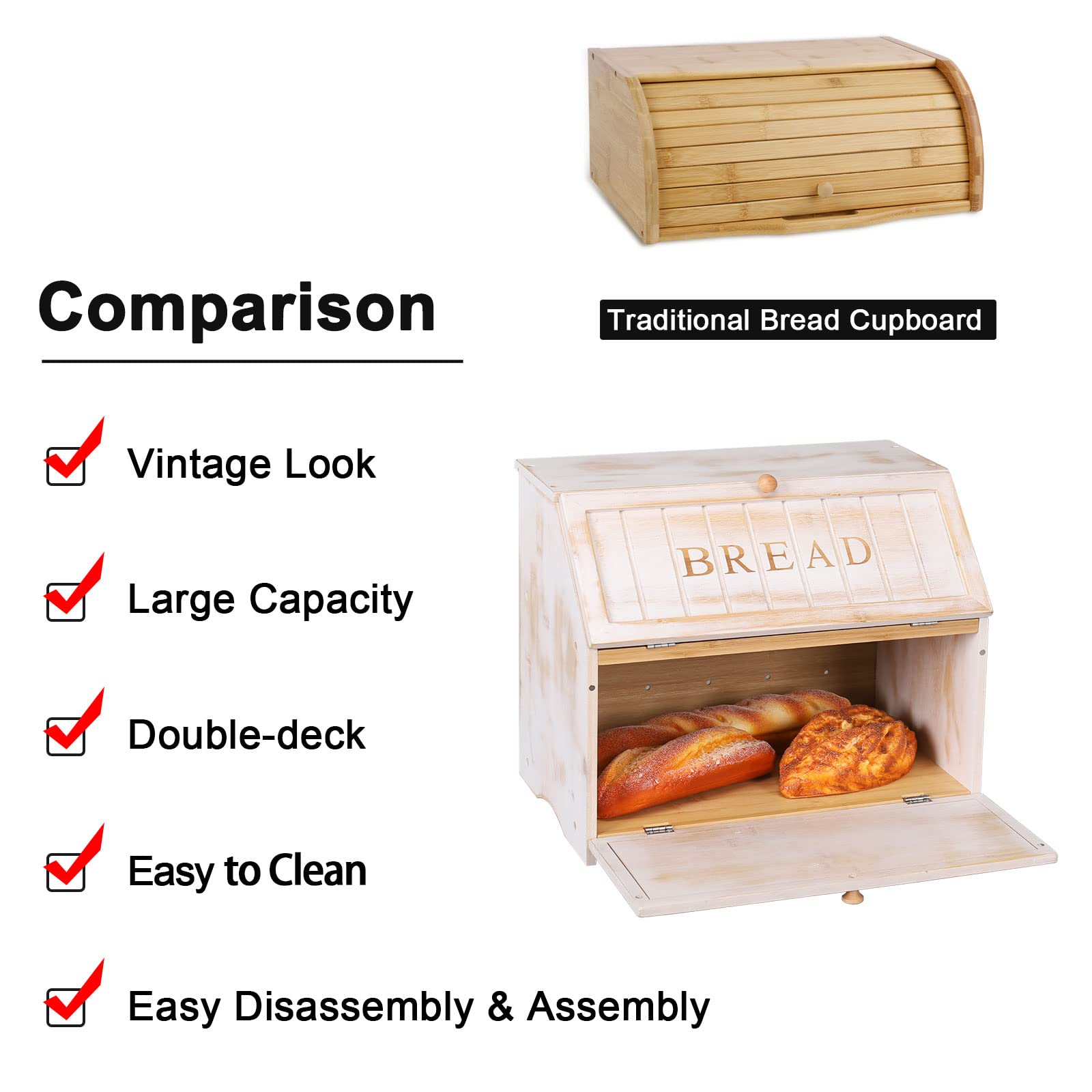 Homekoko Vintage Double Layer Large Bread Box For Kitchen Counter, Retro Design Vintage Wooden Large Capacity Bread Storage Bin