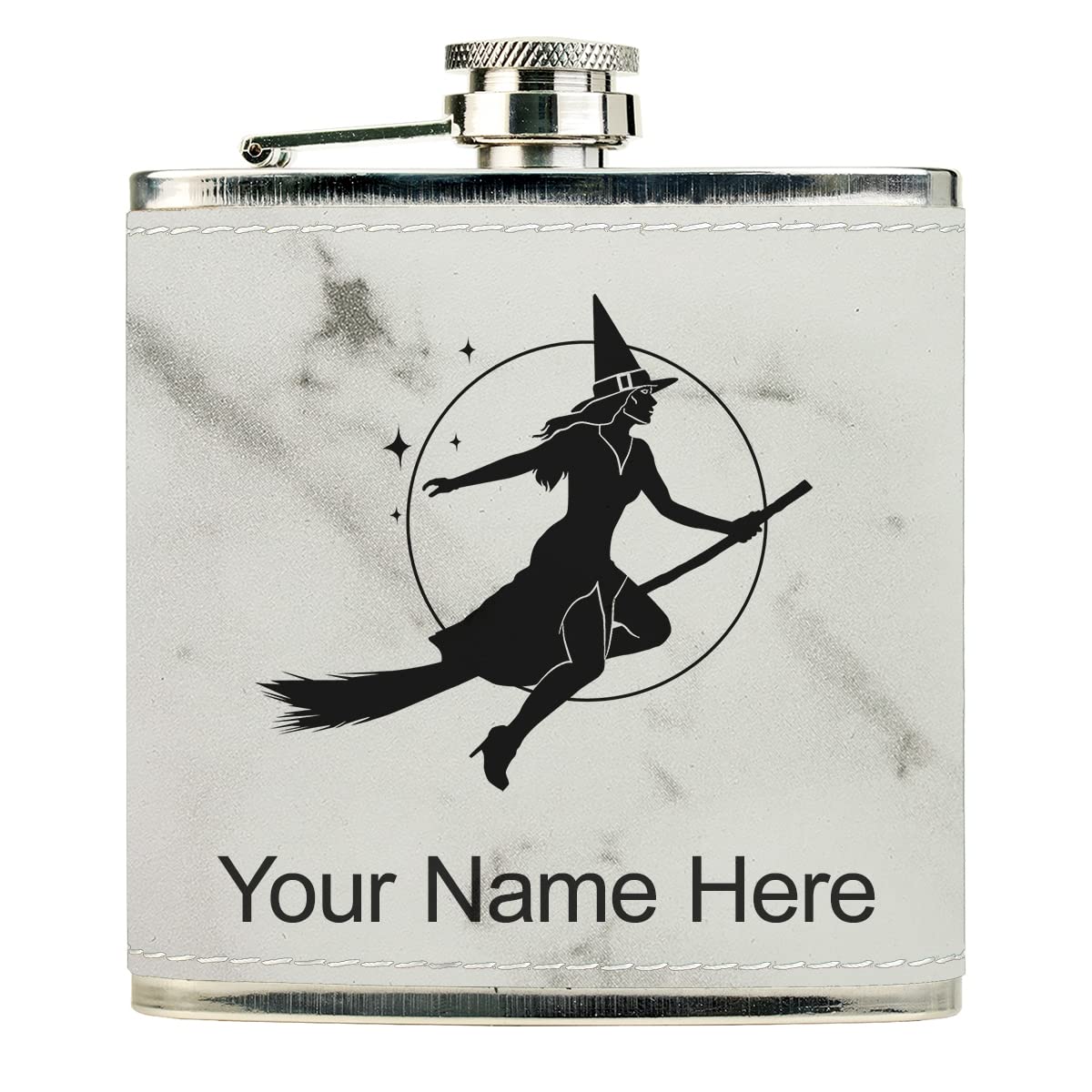 Faux Leather Flask, Halloween Sexy Witch, Personalized Engraving Included (White Marble)